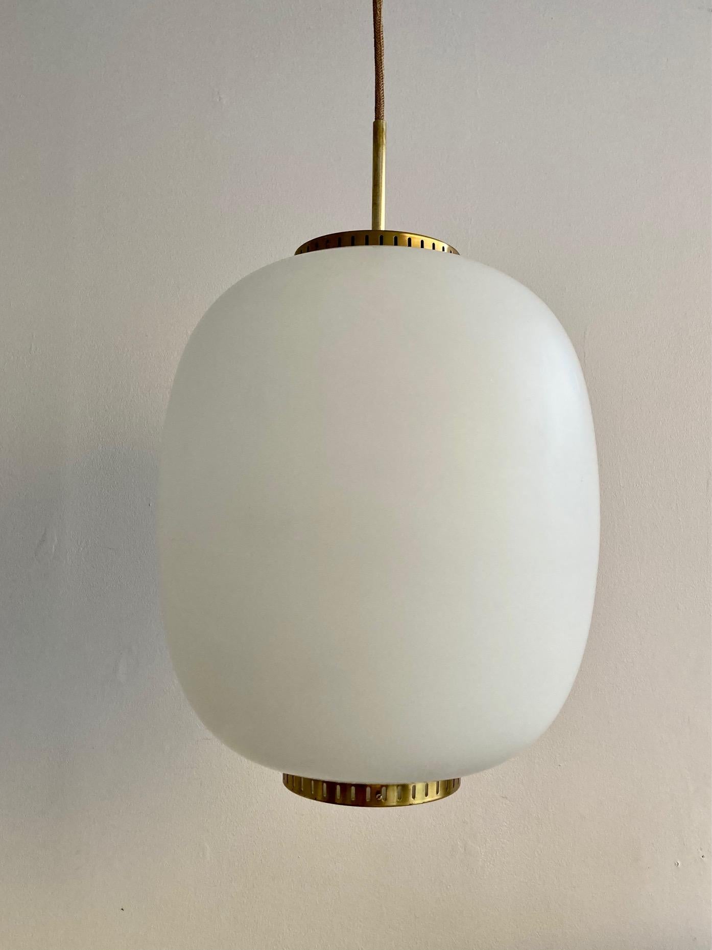 Danish Collection of 8 Opaline Glass and Brass Ceiling Fixtures, Bent Karlby for Lyfa