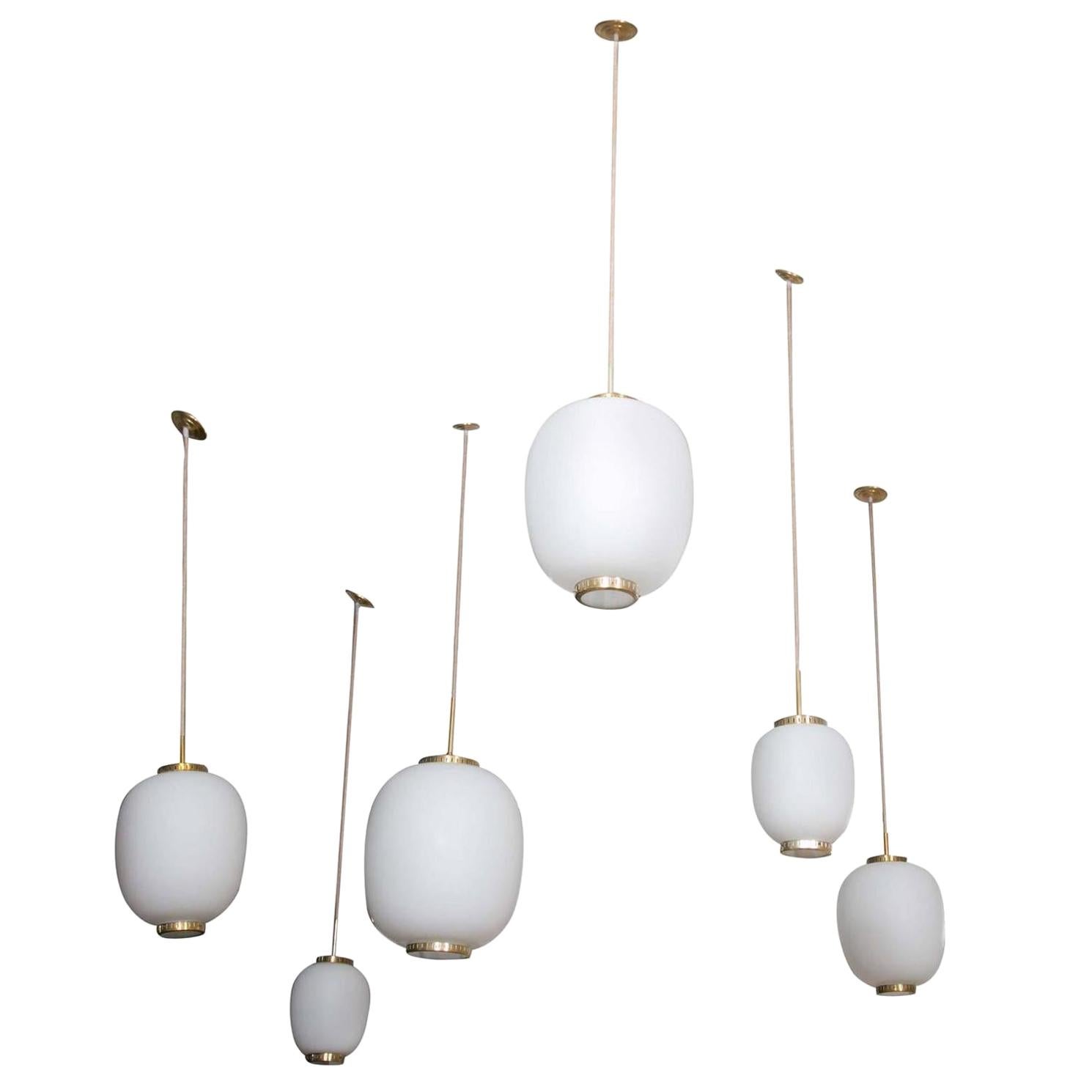Collection of 8 Opaline Glass and Brass Ceiling Fixtures, Bent Karlby for Lyfa