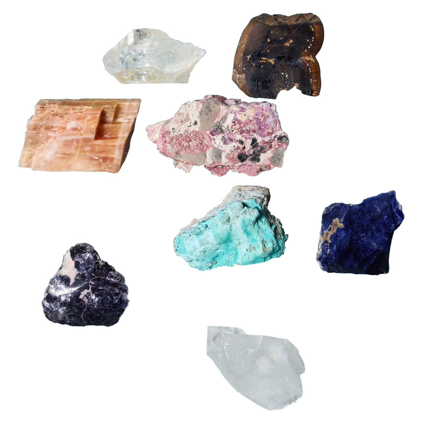 Collectional de 8 minéraux préhistoriques dont Chrysocolla, Sodalite & Corindon en vente