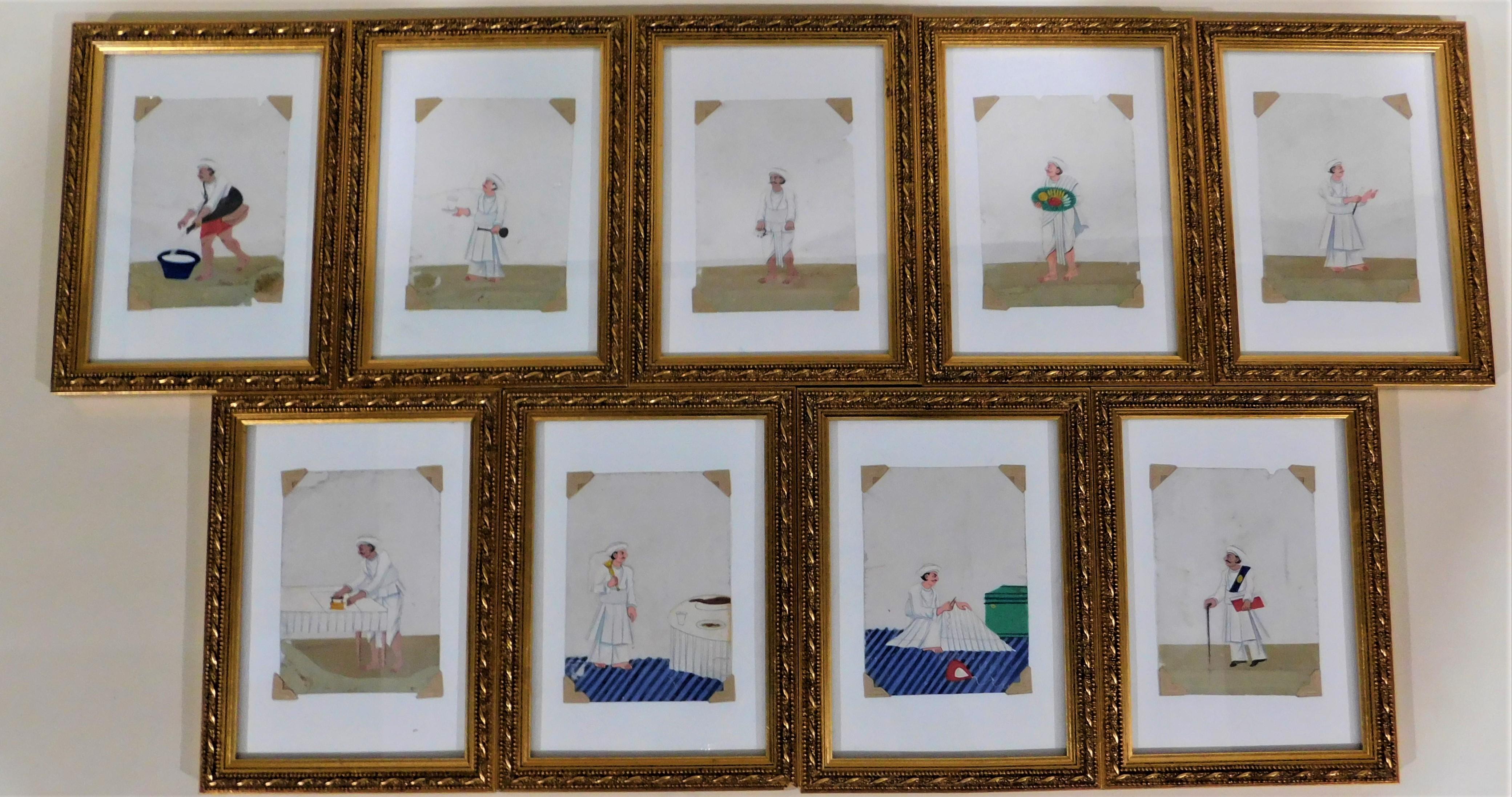 Indien Collection de 9 peintures asiatiques miniatures à la gouache « School of Company » sur Mica en vente