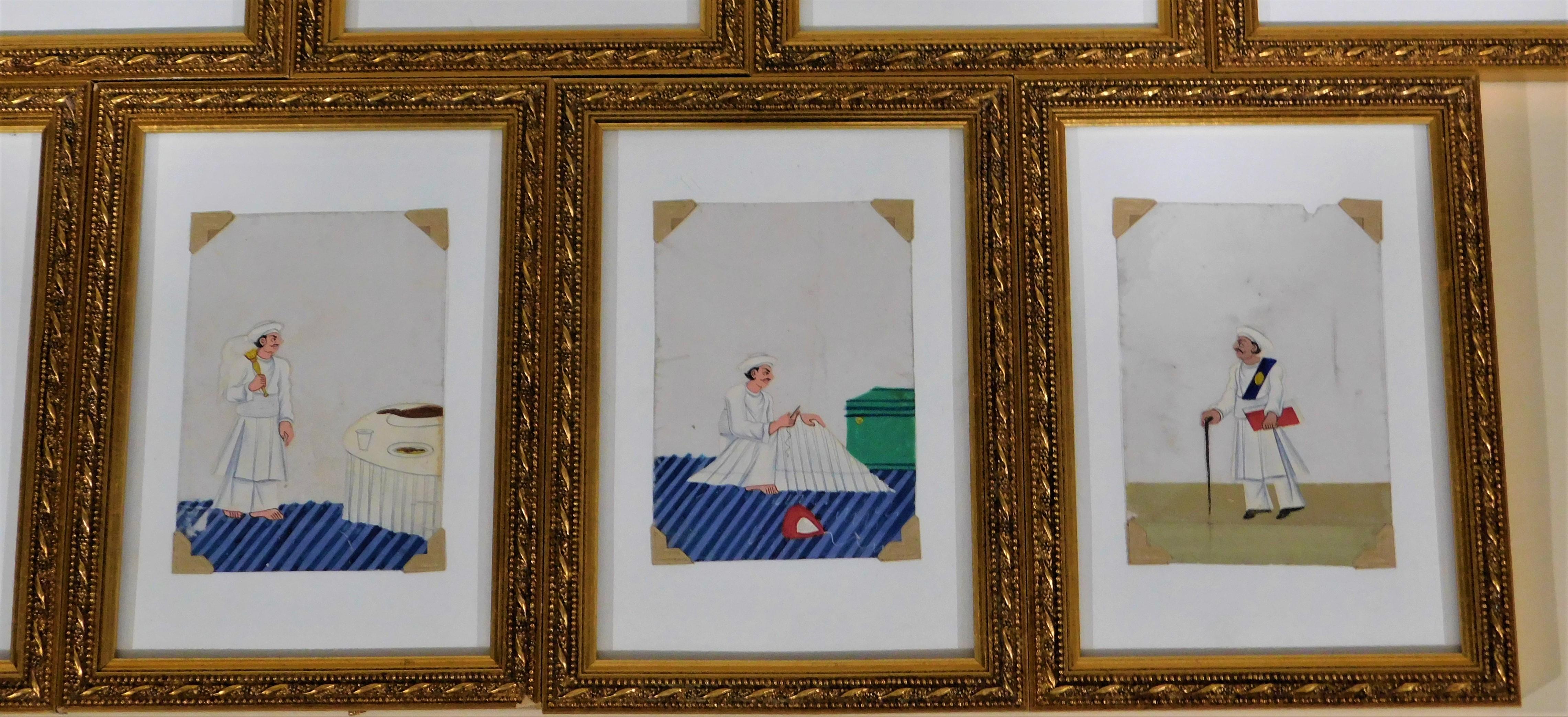 Collection de 9 peintures asiatiques miniatures à la gouache « School of Company » sur Mica Bon état - En vente à Hamilton, Ontario
