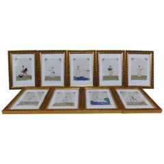 Collection of 9 Asian Miniature Gouache "Company School" Paintings on Mica