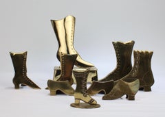 Collection of 9 Folky English Victorian Brass Shoe and Boot Mantel Ornaments