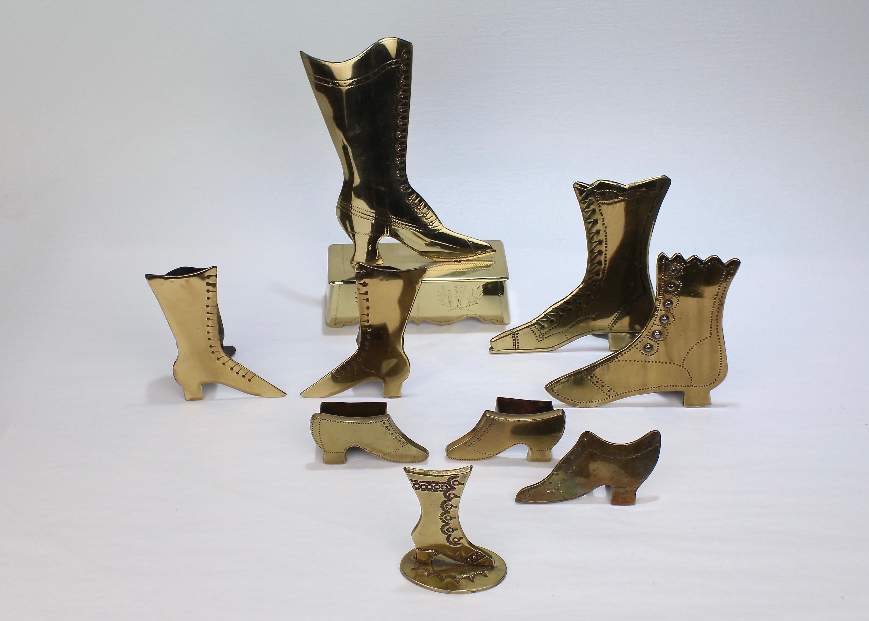 American Collection of 9 Folky English Victorian Brass Shoe and Boot Mantel Ornaments For Sale