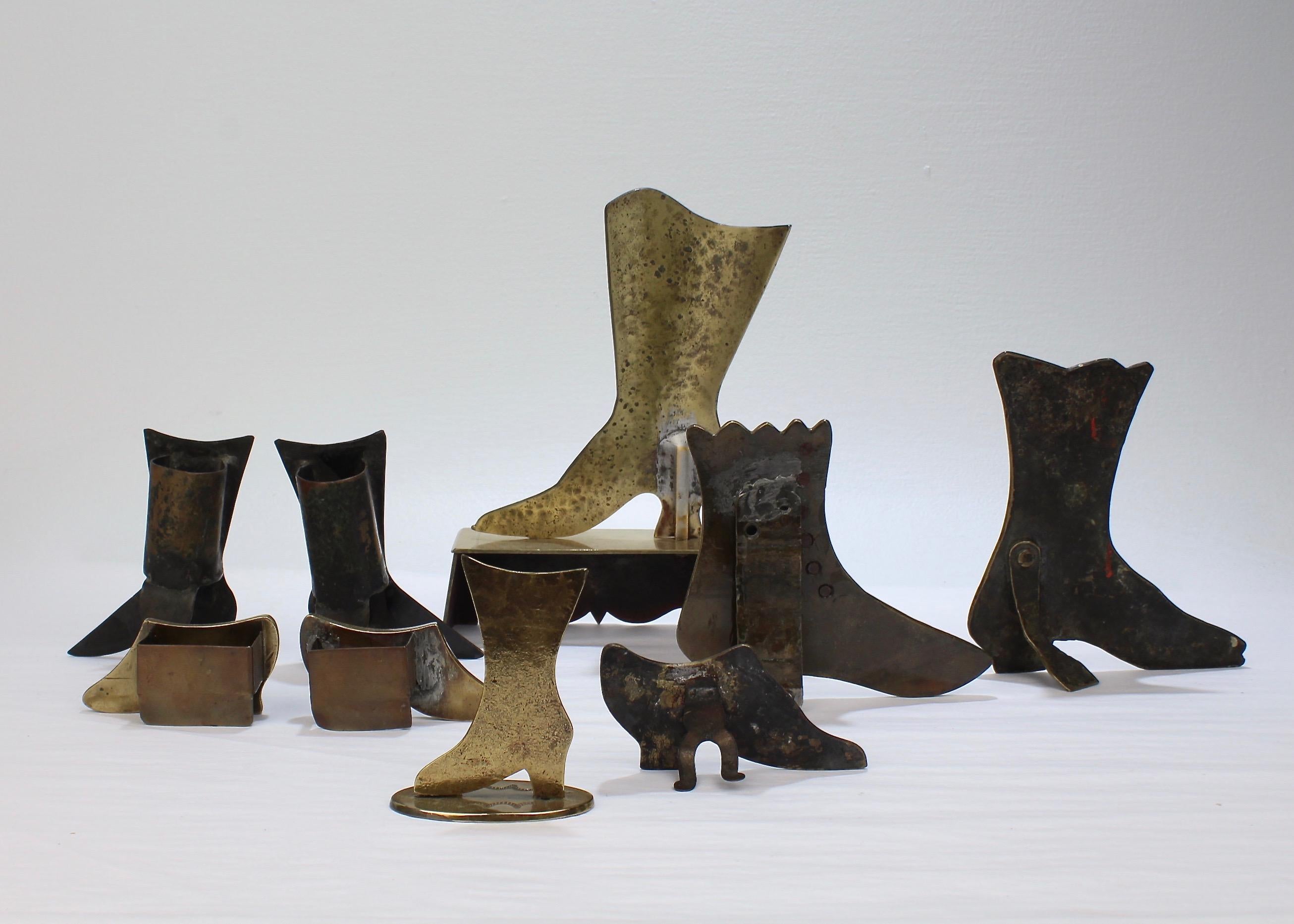 Collection of 9 Folky English Victorian Brass Shoe and Boot Mantel Ornaments In Good Condition For Sale In Philadelphia, PA