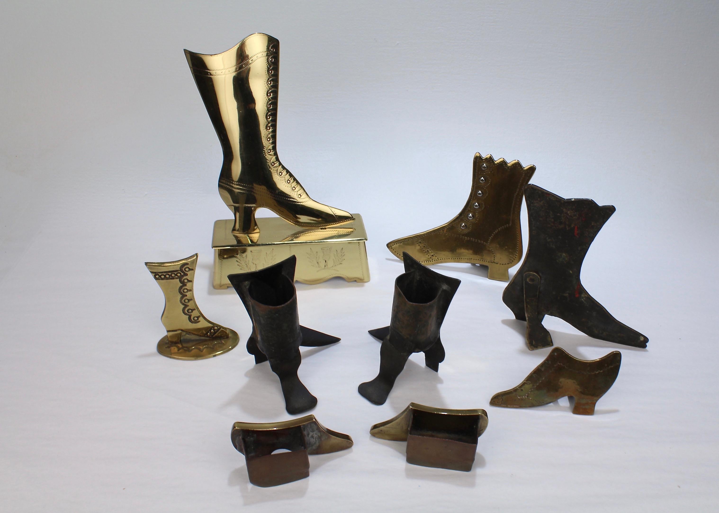 19th Century Collection of 9 Folky English Victorian Brass Shoe and Boot Mantel Ornaments For Sale