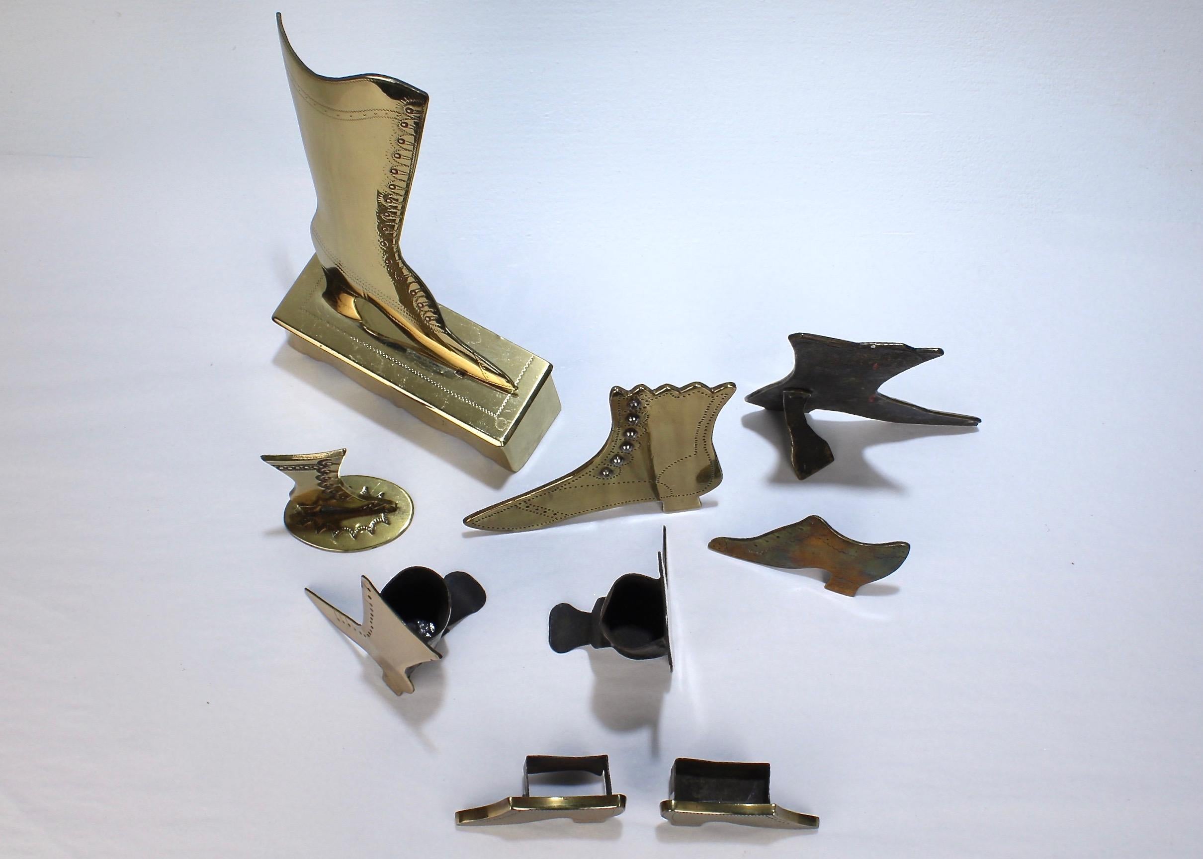 Collection of 9 Folky English Victorian Brass Shoe and Boot Mantel Ornaments For Sale 1