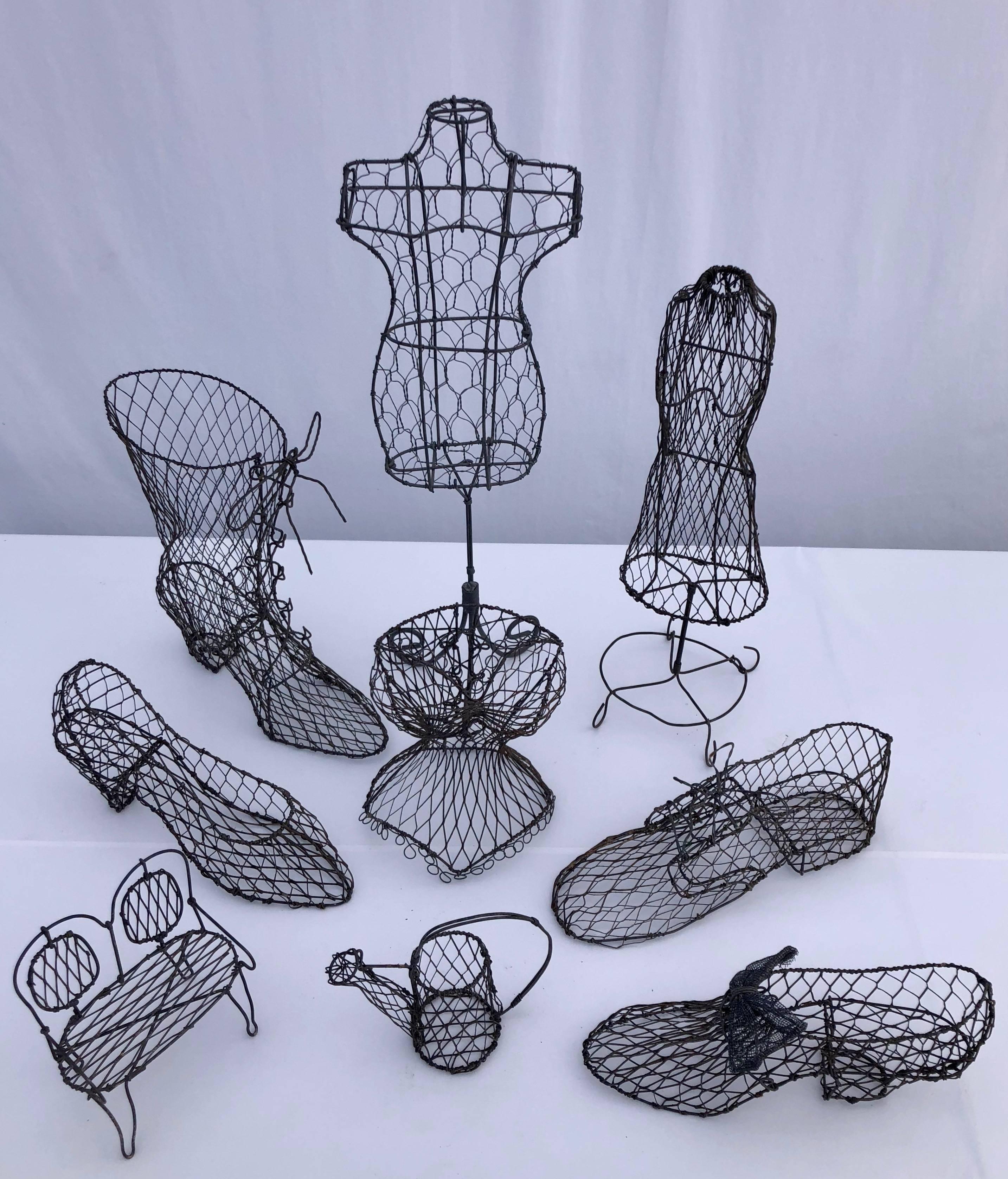 Woven Collection of Nine French Handmade Wire Art Decorations, Mid-1900s For Sale