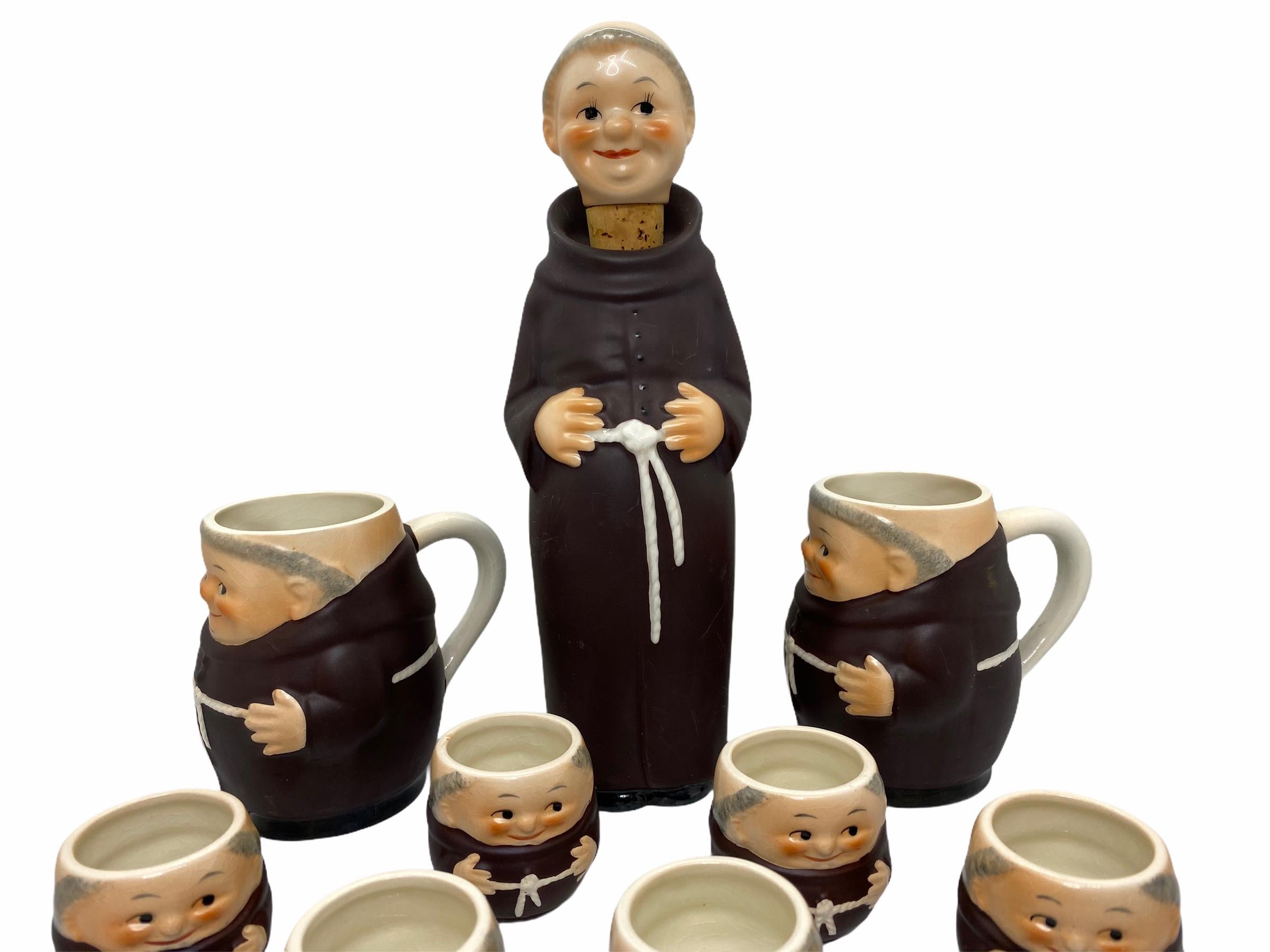Mid-Century Modern Collection of 9 Friars Franciscan Monks Porcelain, Bottle, Shot Glasses Steins For Sale