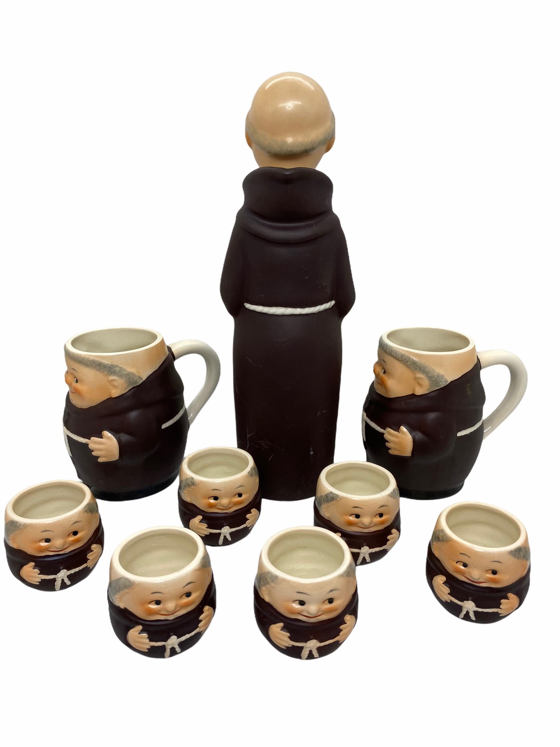 German Collection of 9 Friars Franciscan Monks Porcelain, Bottle, Shot Glasses Steins For Sale