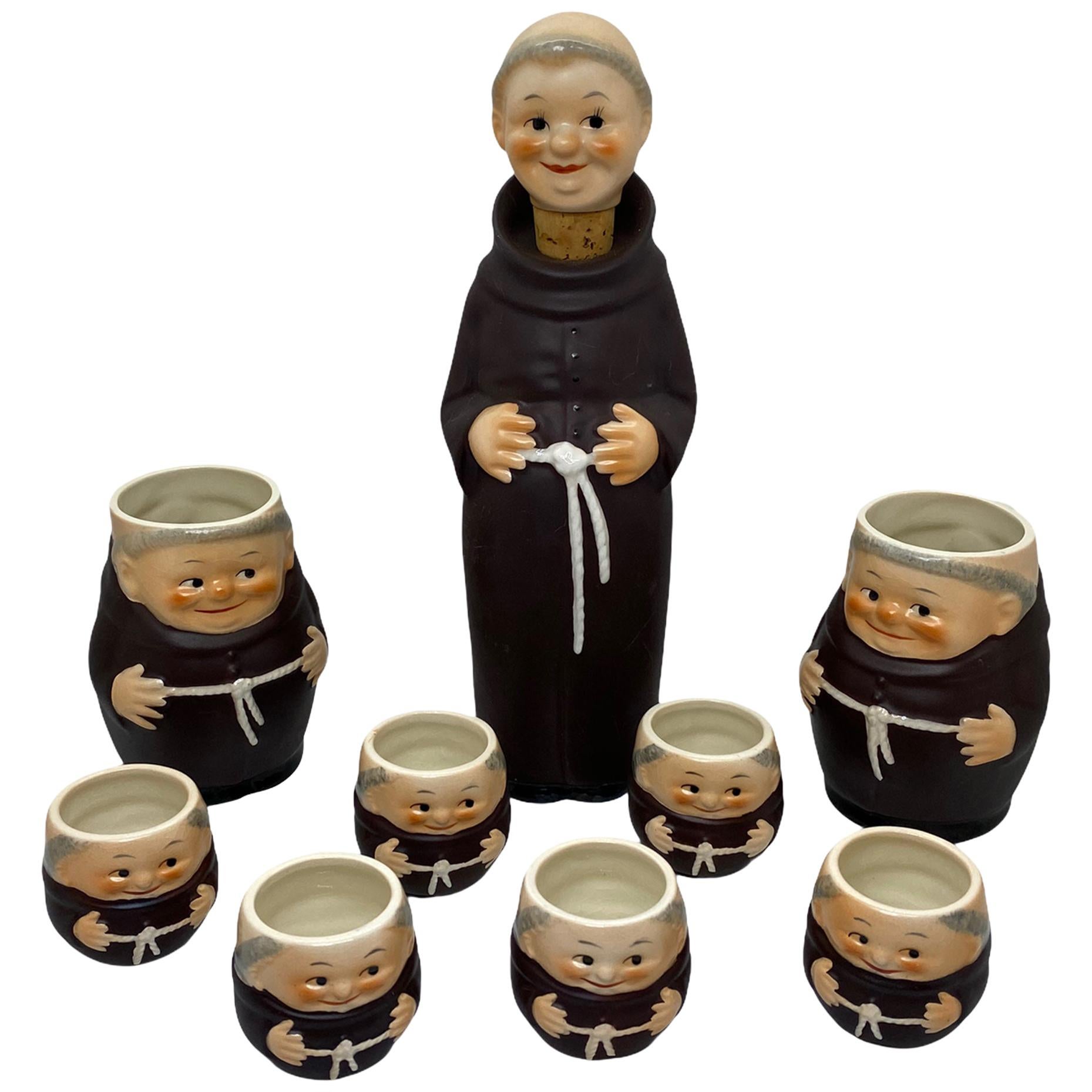 Collection of 9 Friars Franciscan Monks Porcelain, Bottle, Shot Glasses Steins For Sale