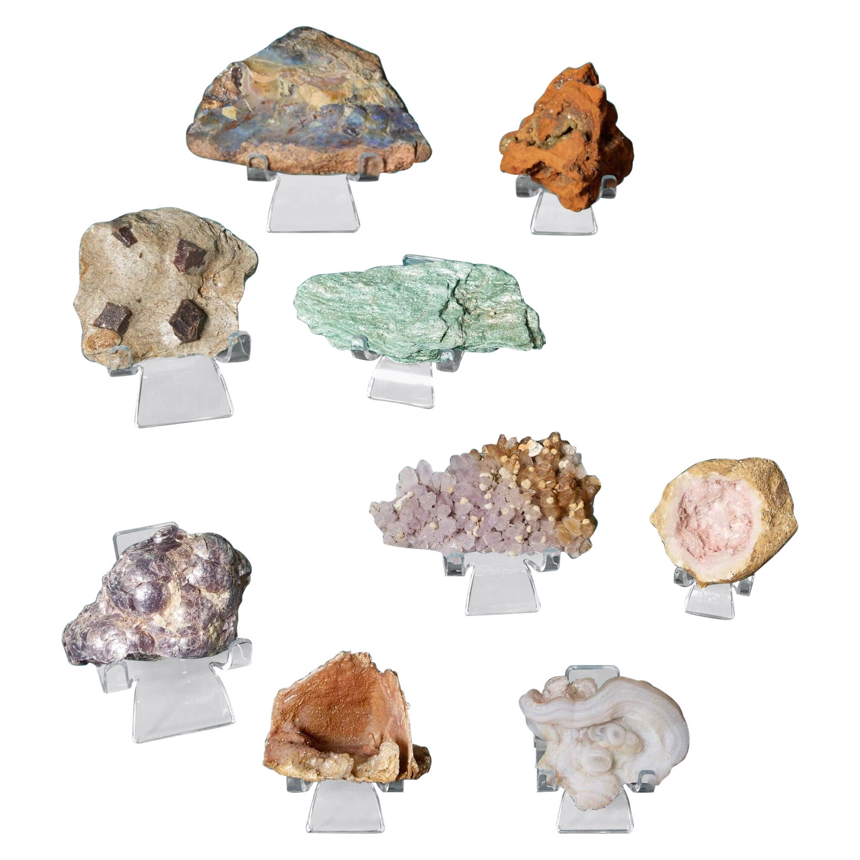 Collectional di 9 minerali preistorici tra cui ametista, agata e fuchsite in vendita