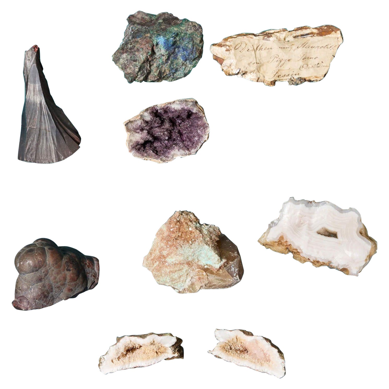 Collection of 9 Prehistoric Minerals including Hematite, Agate & Tourmaline For Sale
