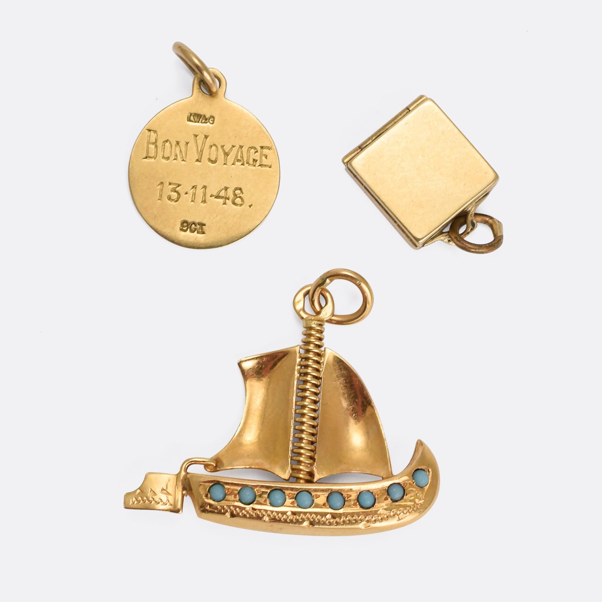 A quirky collection of antique and vintage gold charms. Dating from the Victorian era to the 1960s, the include: a turquoise set sail boat; an I LOVE YOU spinner; a St Christopher; diamond studded grave digger's tools; a Fede handclasp; and more...