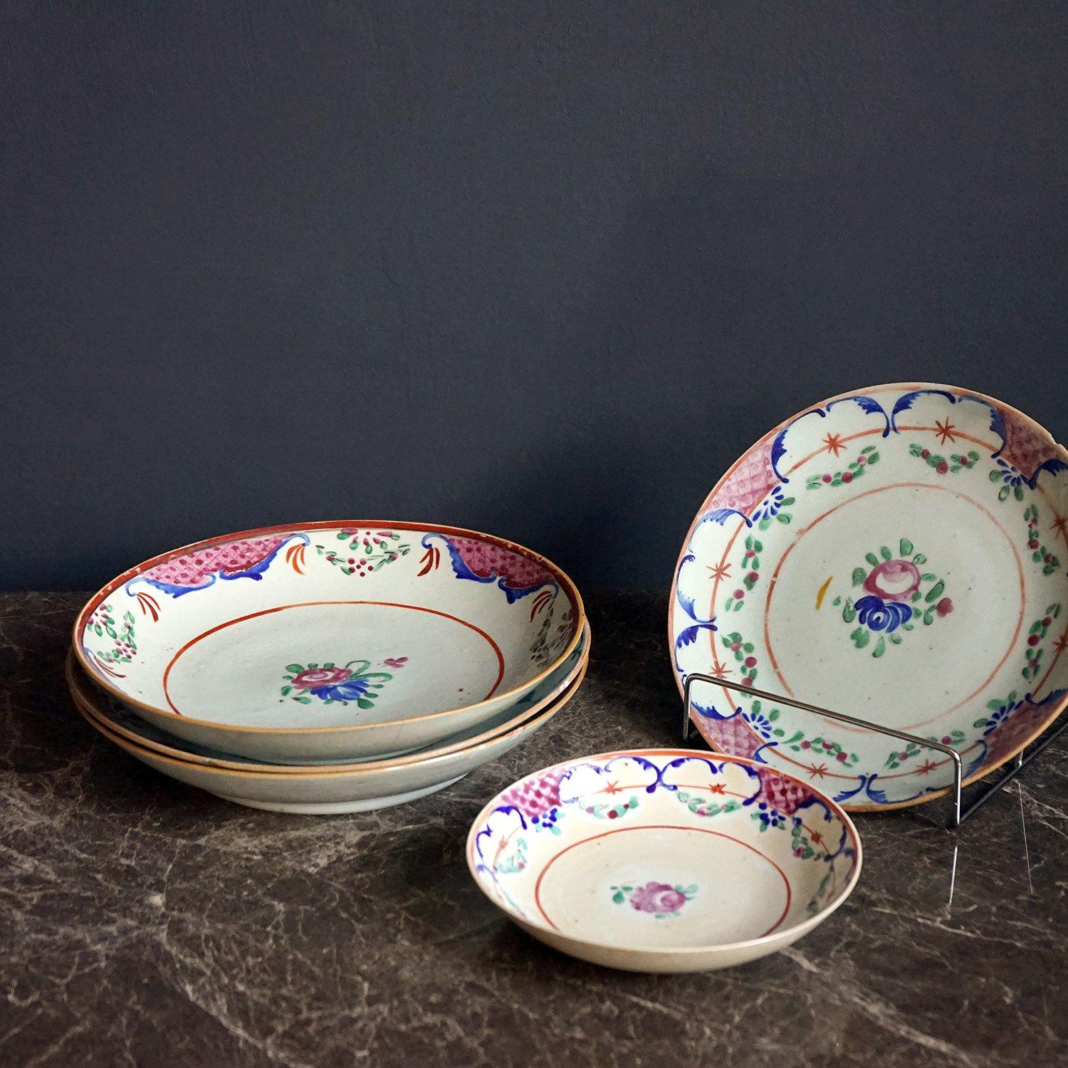 ANTIQUE CHINESE PLATES ORIGINALLY MADE FOR THE PERSIAN MARKET
Pretty hand-painted floral sprays in the Famille Rose palette. All versions of the Chinese export pink and blue rose pattern which was usually exported to Persia or Turkey.
 
Dating