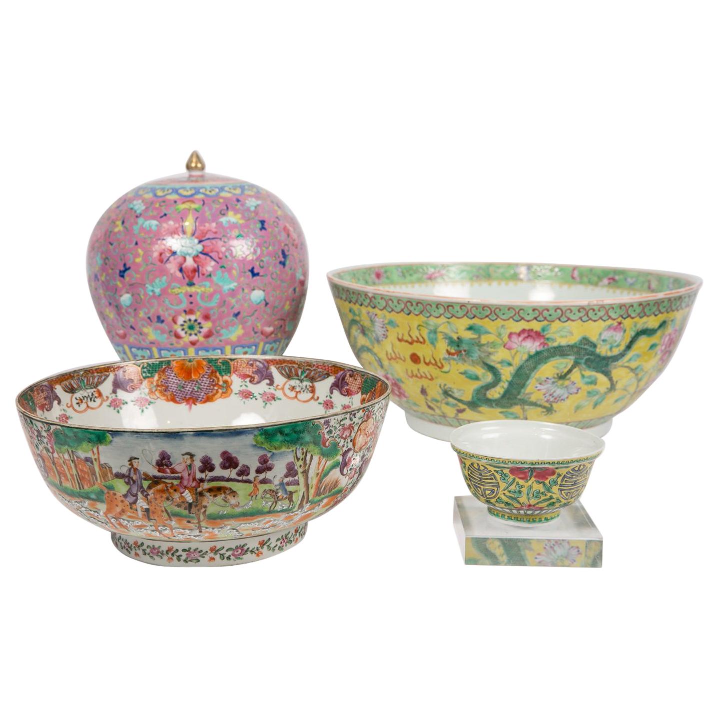 Collection of Antique Chinese Famille Rose Porcelain Jar and Bowls