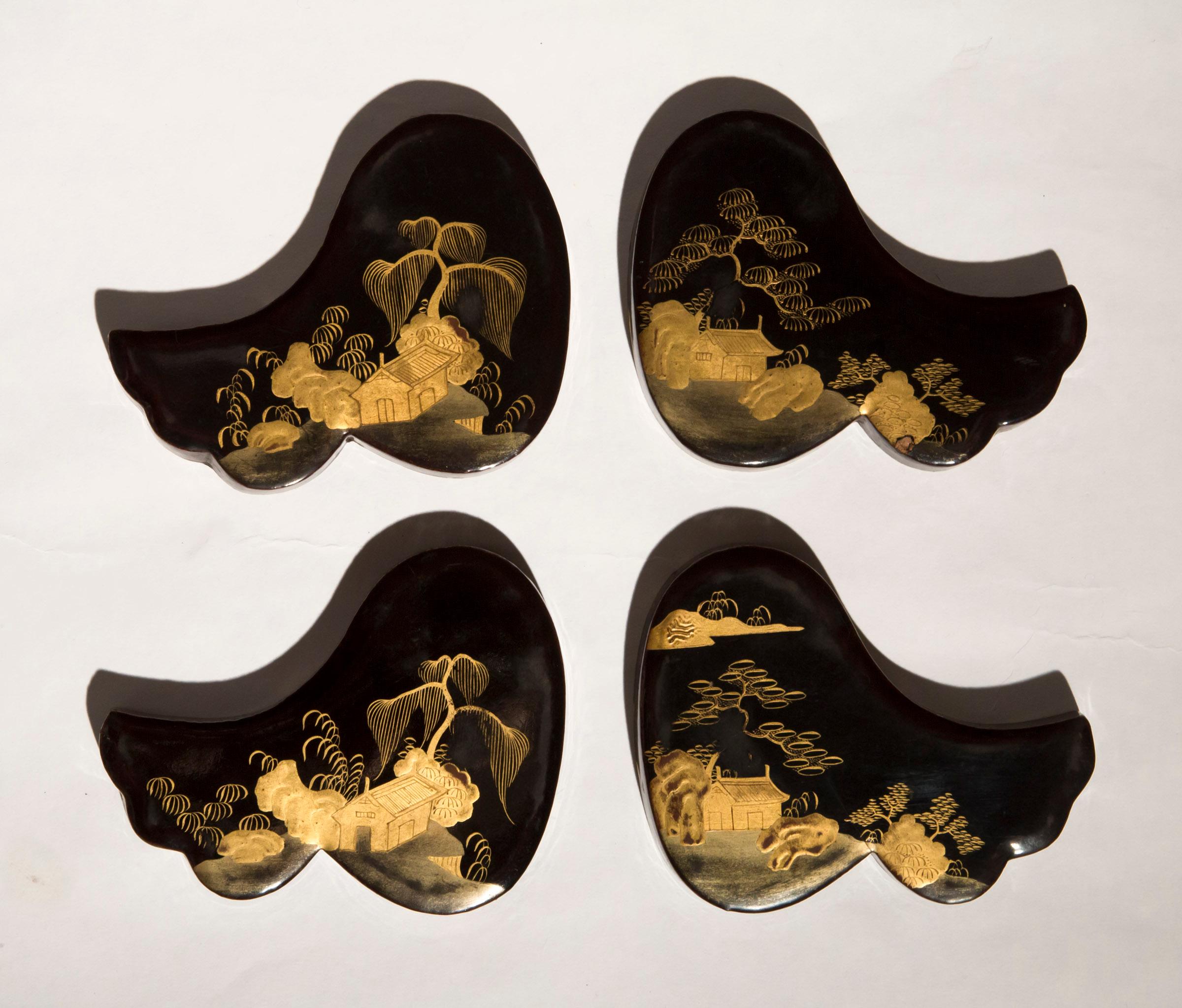 Fine set of eight late 19th century black lacquer and gold decorated nesting boxes, of complex shape, some are lined with felt inside.
Japan, Meiji period, circa 1880.

In good antique condition, minor wear to decoration and occasional age