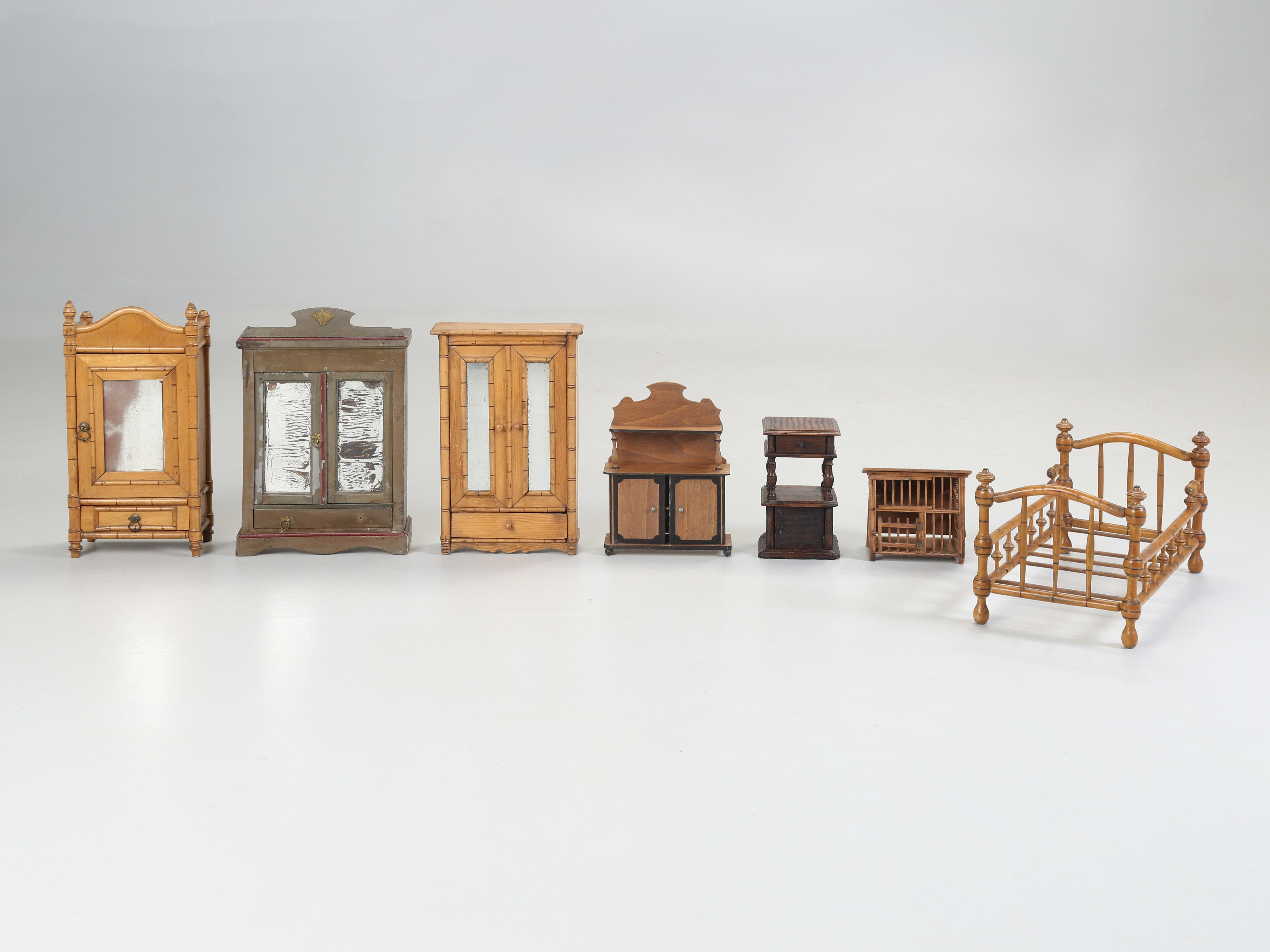 Collection of (7) mostly French Doll House Furniture or possibly Salesman's Samples or simply Child's Toys? One of the pieces was made from an American cigar box and we'd probably call that one Folk Art, but the balance appear to be very well made