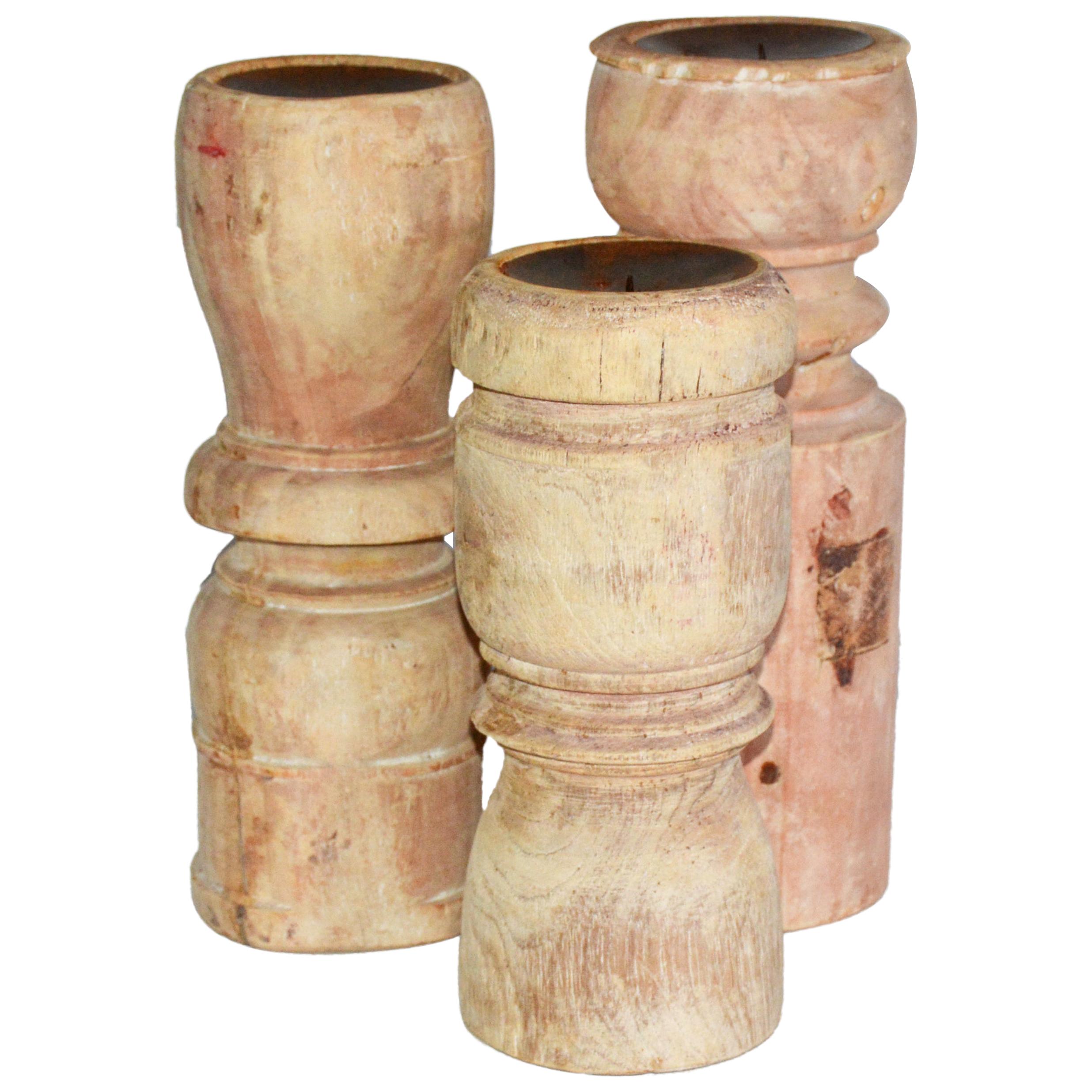 Collection of Antique Rustic Turn Wood Candleholders