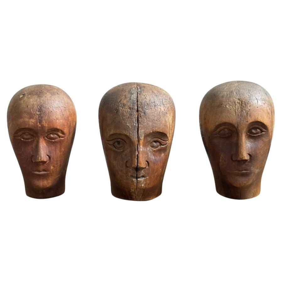 collection of antique wig heads from late 18th - 19th century For Sale