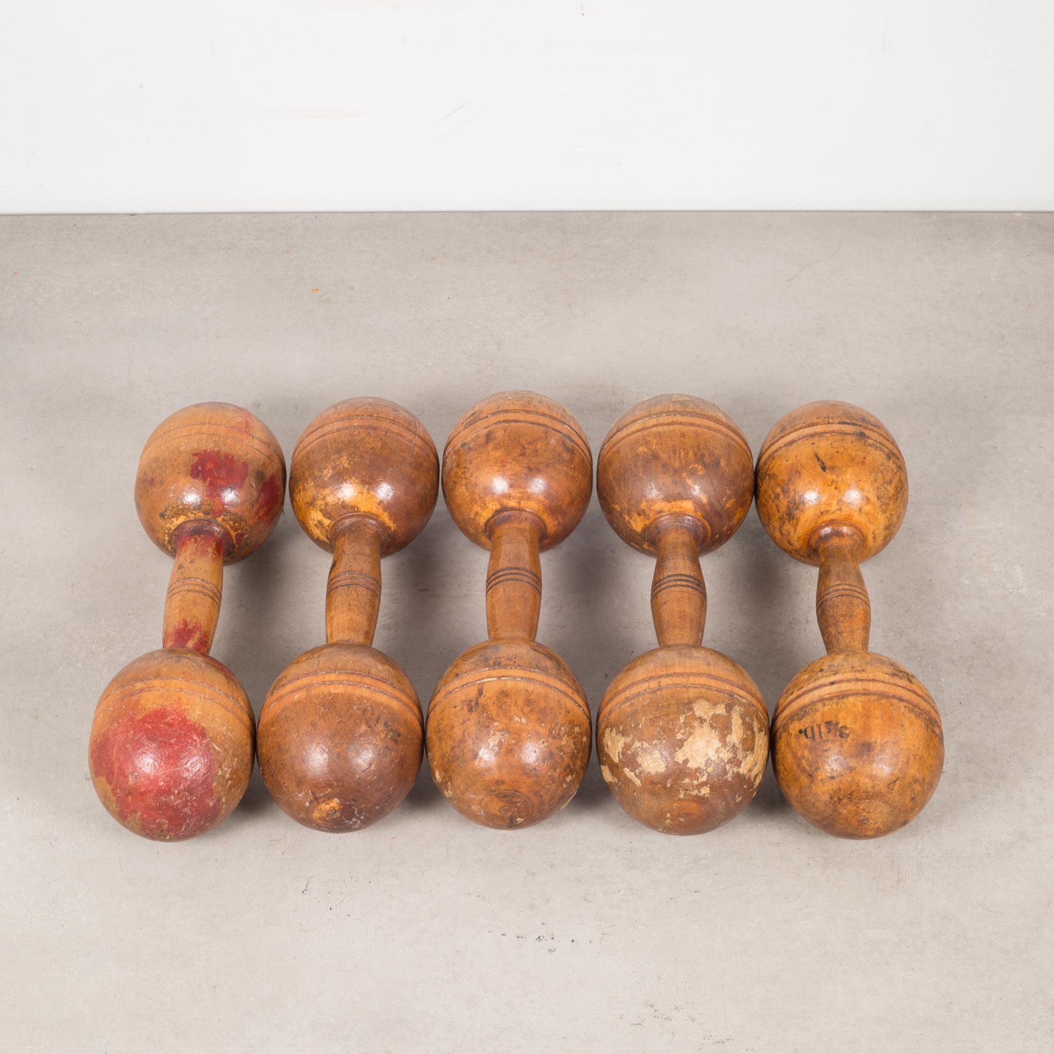 Industrial Collection of Antique Wooden Excercise Barbells, circa 1930