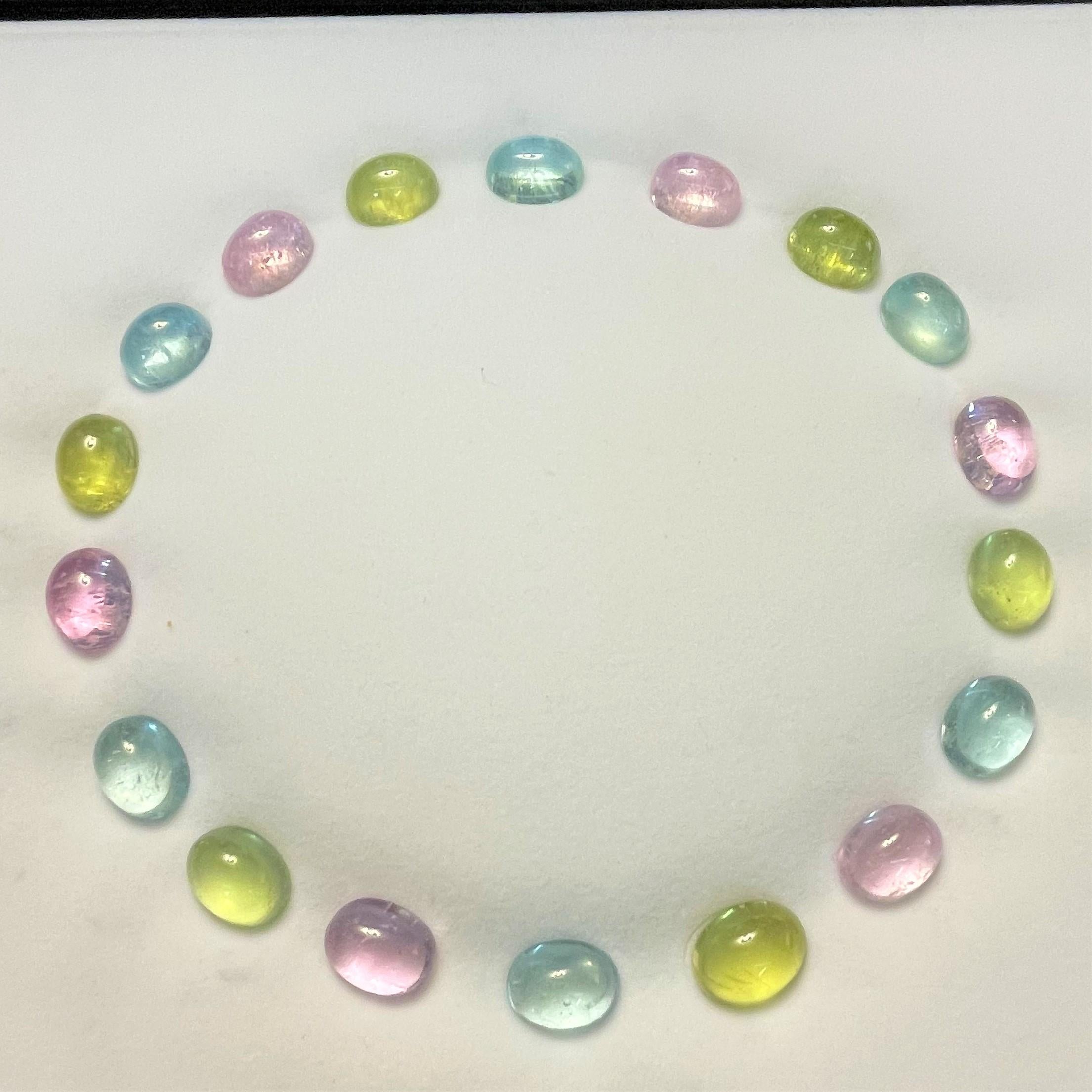 18 beautiful, oval cabochon loose stones in this collection.  Could be used individually or together in rings, necklaces, earrings, etc.  Lots of possibilities!!
6 oval Aquamarine 16mm x 12mm x 8mm
6 oval Tourmaline 16mm x 12mm x 8mm
6 oval  Kunzite