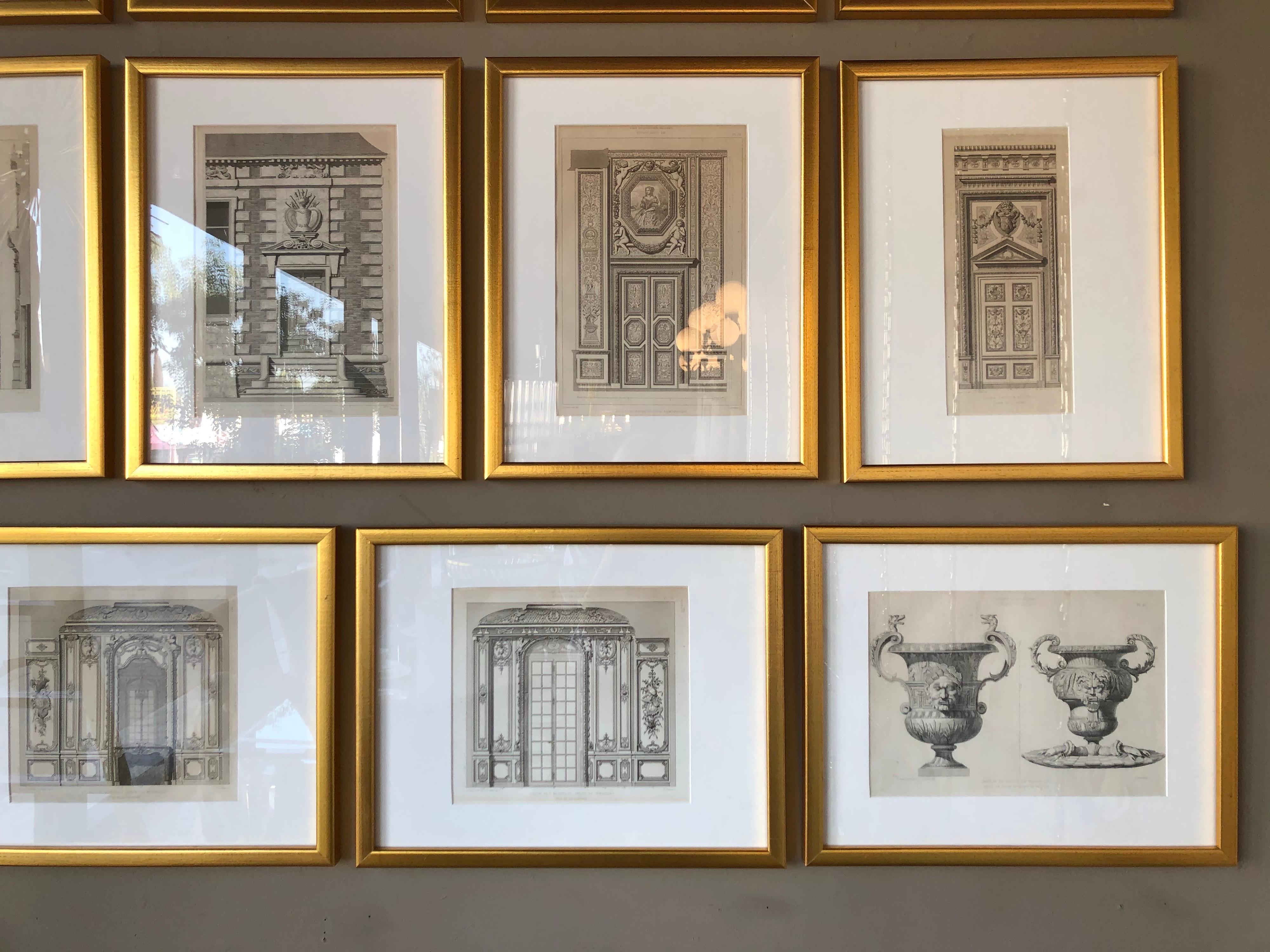 Collection of 19 pen drawings of different French architecture. Newly framed.