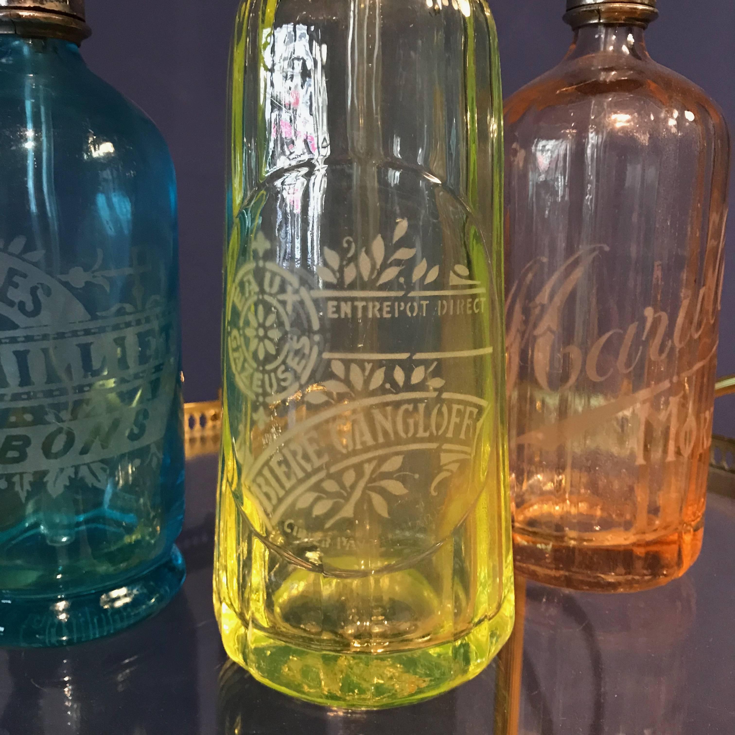Art Glass Collection of Art Nouveau Syphon Seltzer Bottles, Soda Bottle, 1900, France