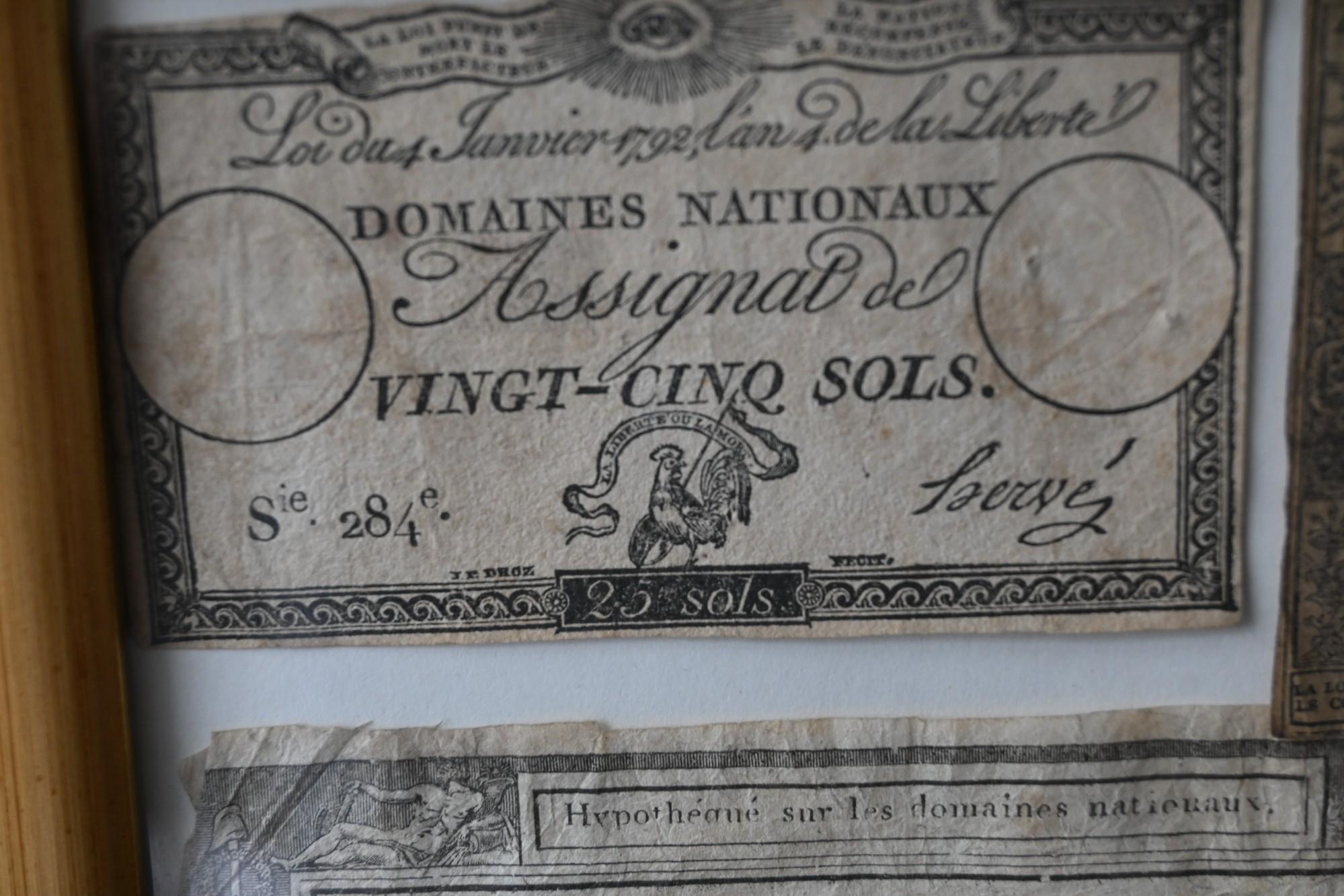Una colección de assignats, el papel moneda que el gobierno revolucionario intentó introducir para compensar la falta de moneda metálica y hacer frente al esfuerzo bélico contra las potencias europeas.
Enmarcado en un marco de 32,5 x 42,5 cm.