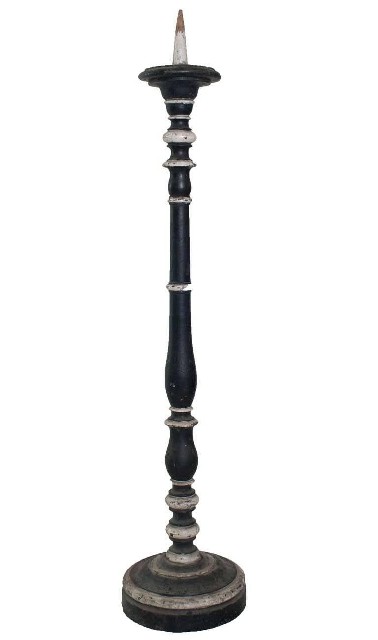 Collection of 12 black and white, original color, painted Italian candleholders. Selling individually.

Two sizes available
Tall. 48.5 inches high. Base diameter is 9 inches
Short. 43.5 inches high. Base diameter is 8 inches.