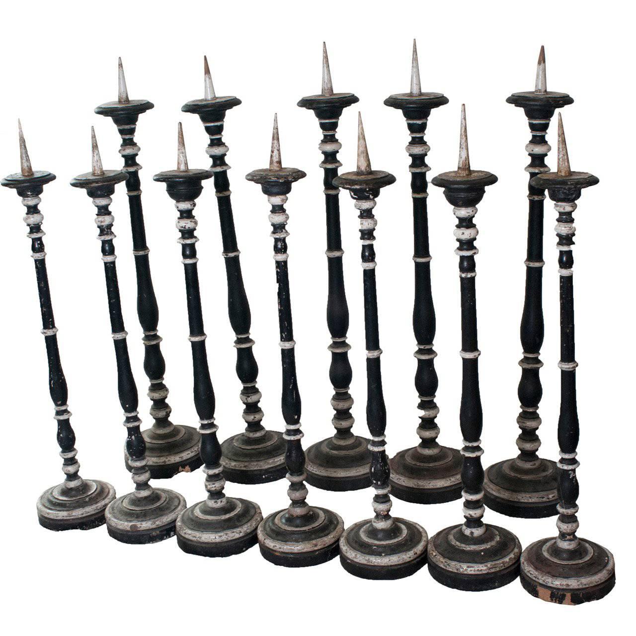 Collection of Black and White Painted Italian Candleholders For Sale