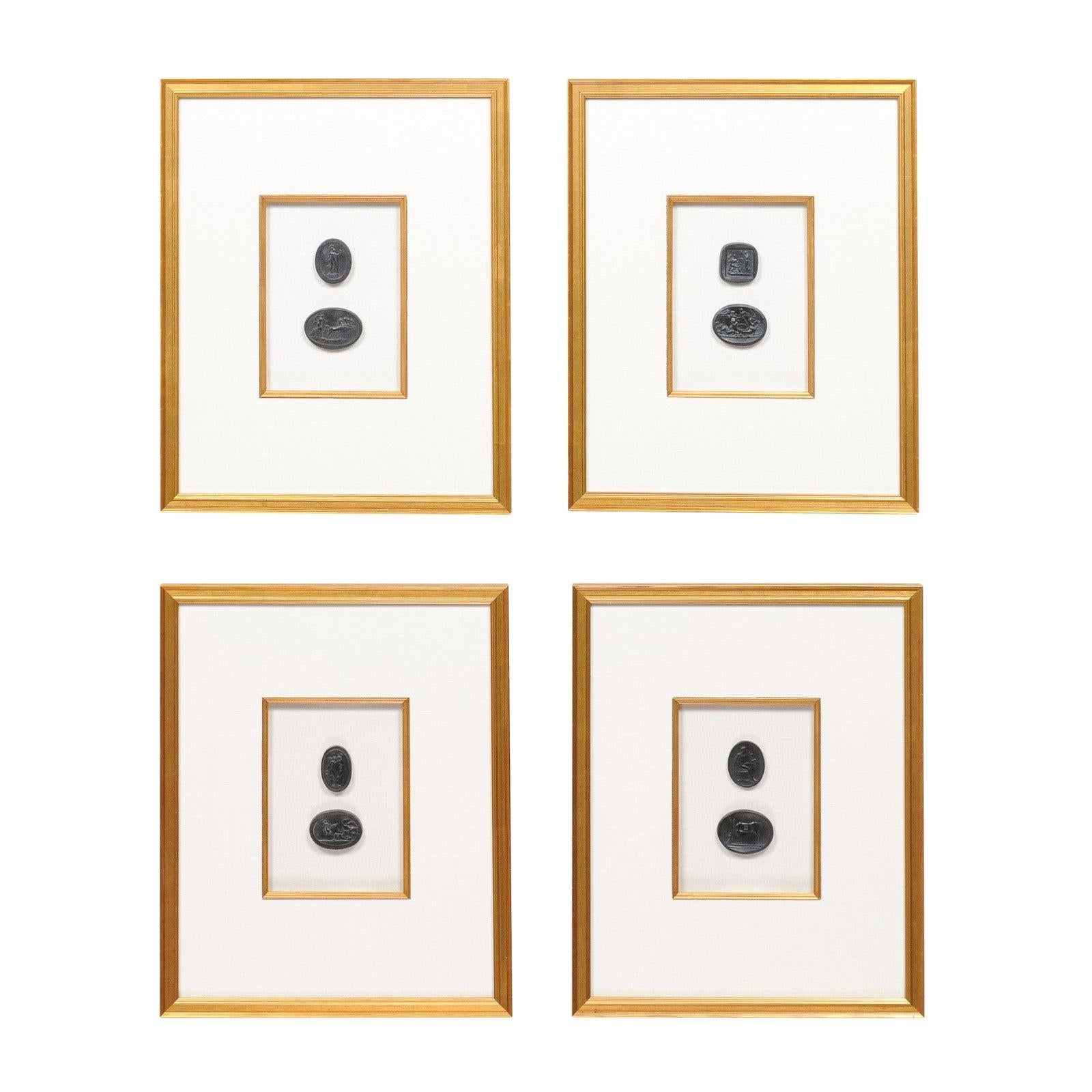 Collection of Black Intaglio Seals, Displayed Within Custom Golden Wood Frames