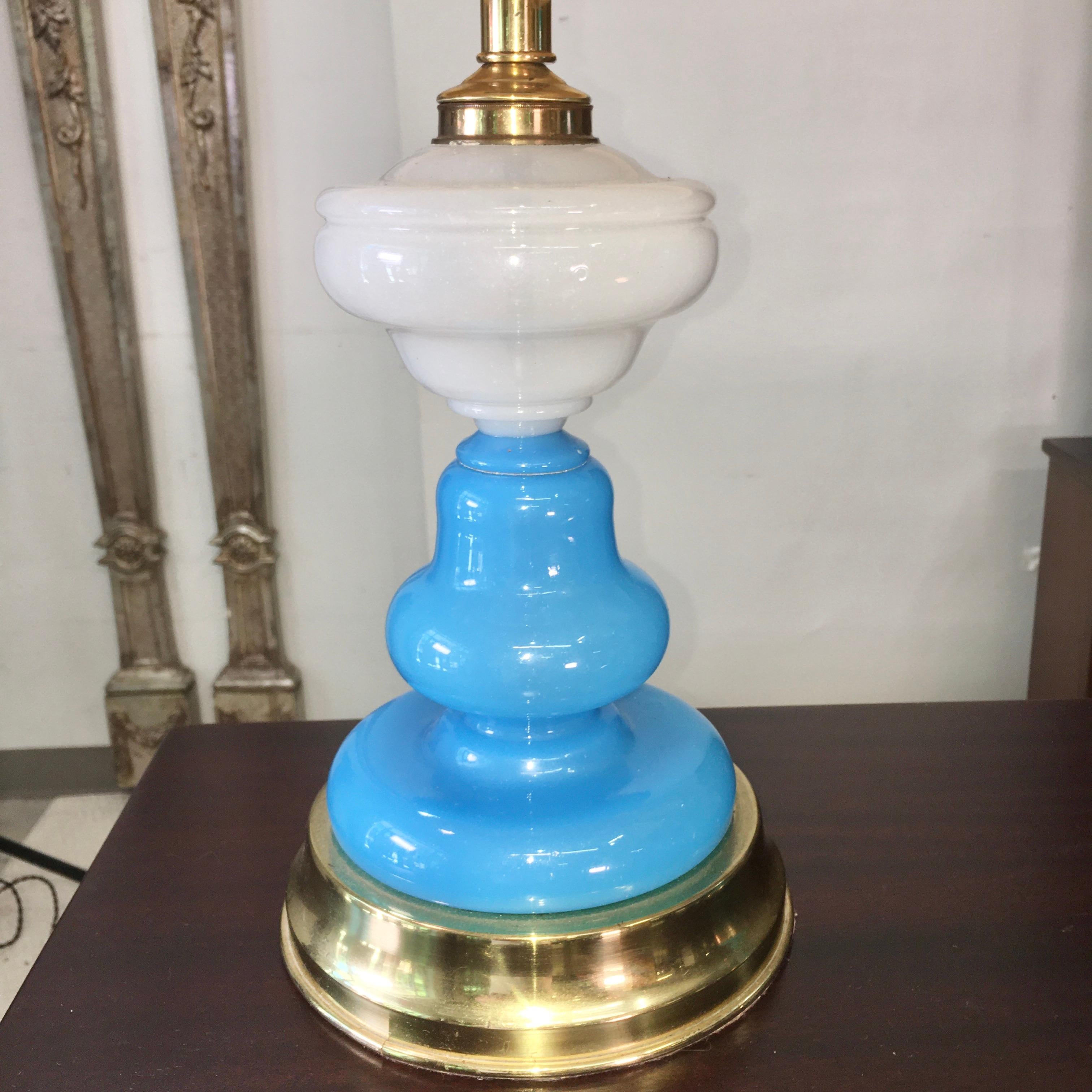 Mid-20th Century Collection of Blue Glass, Opaline & Ceramic Lamps For Sale