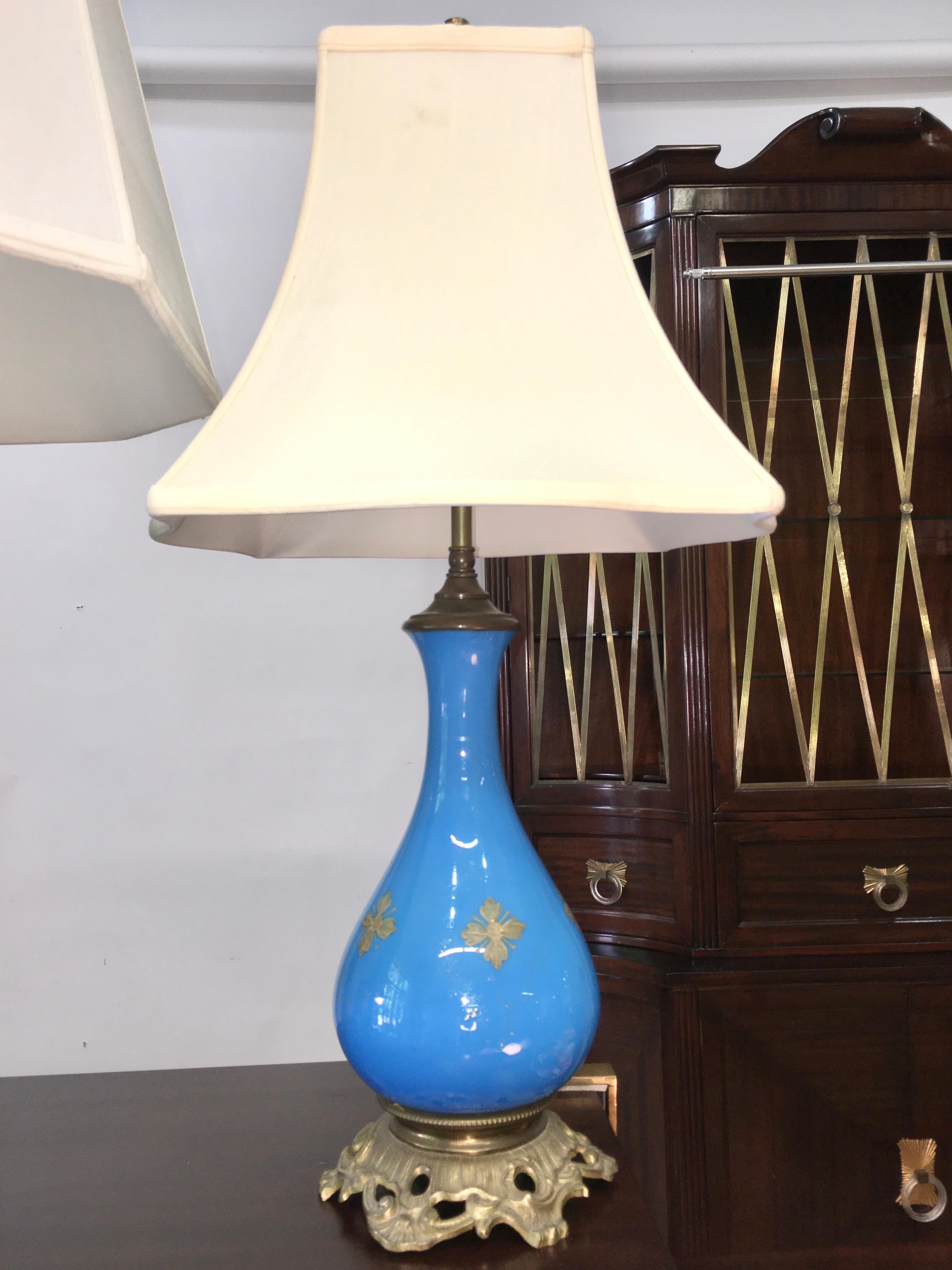 Brass Collection of Blue Glass, Opaline & Ceramic Lamps For Sale
