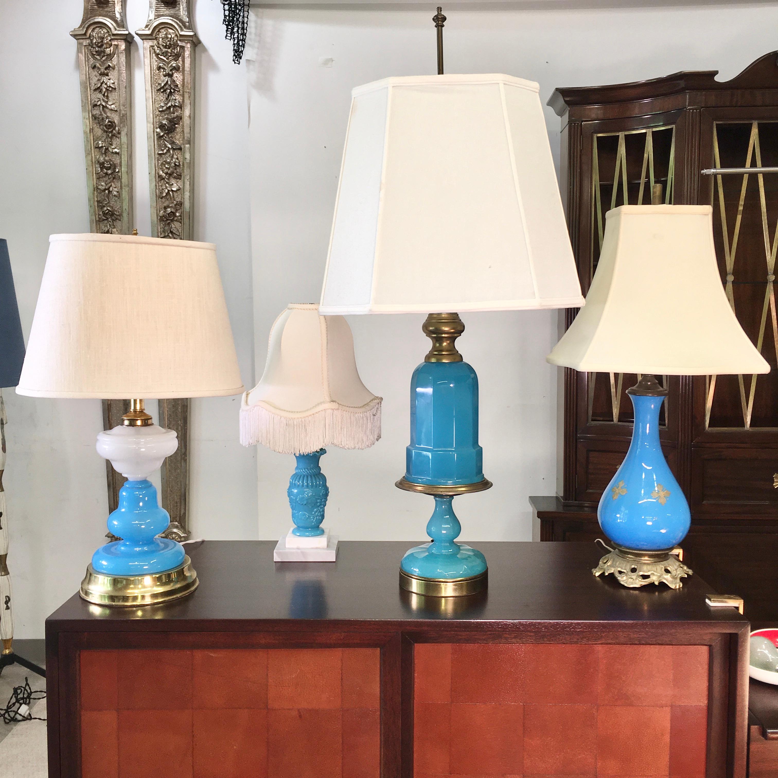 Collection of Blue Glass, Opaline & Ceramic Lamps For Sale 5
