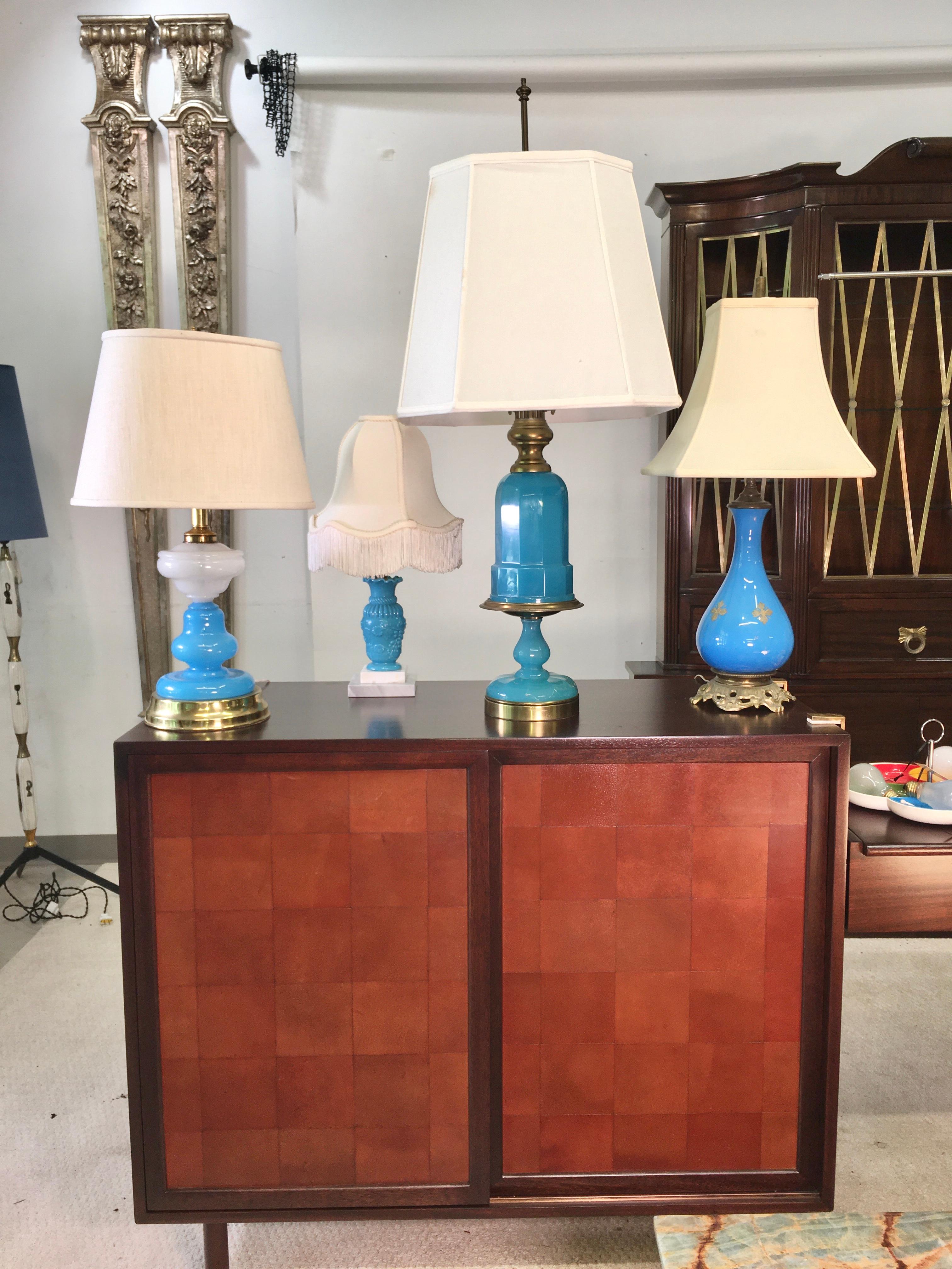 Collection of Blue Glass, Opaline & Ceramic Lamps For Sale 5