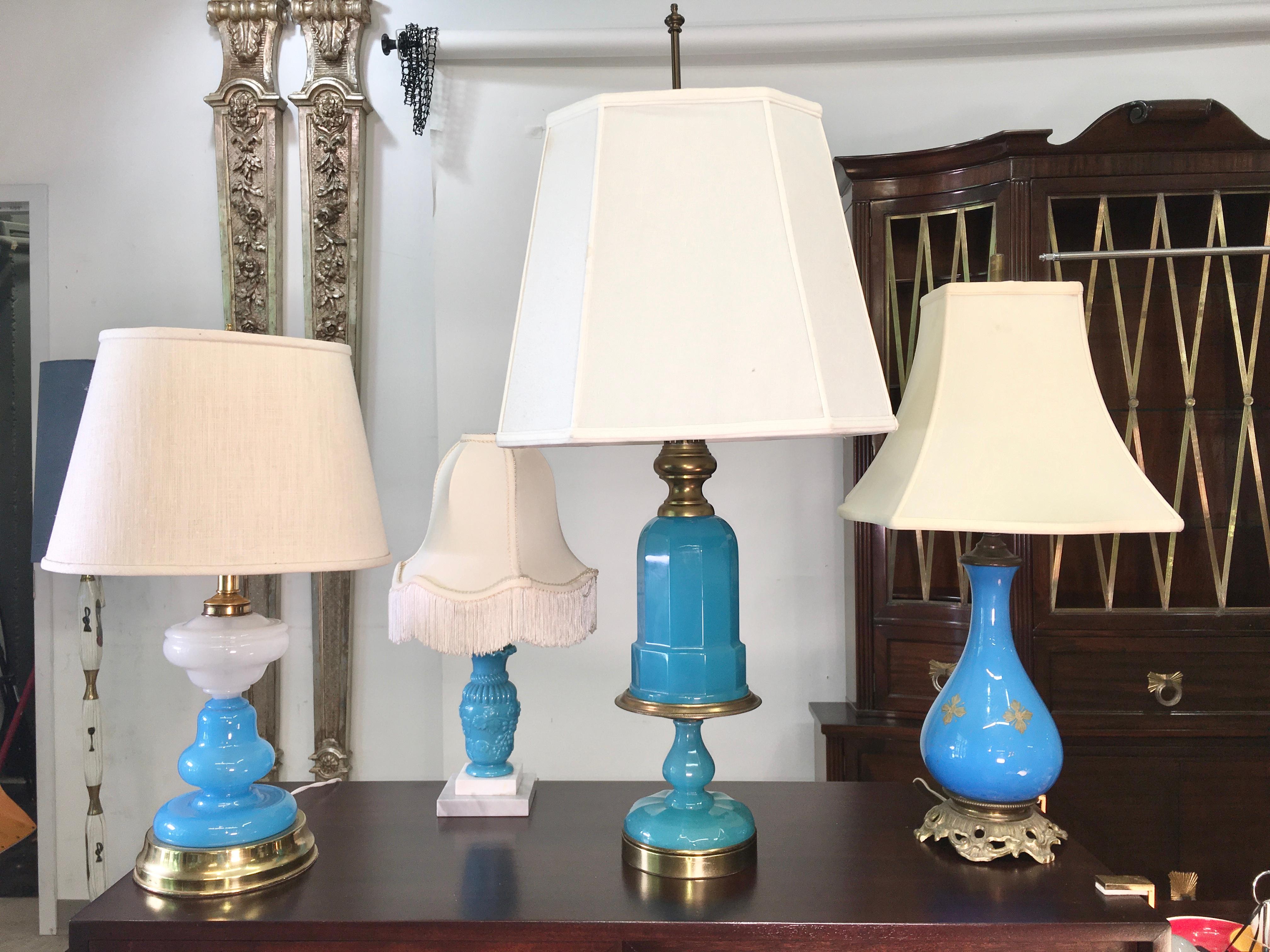 Collection of Blue Glass, Opaline & Ceramic Lamps For Sale 6