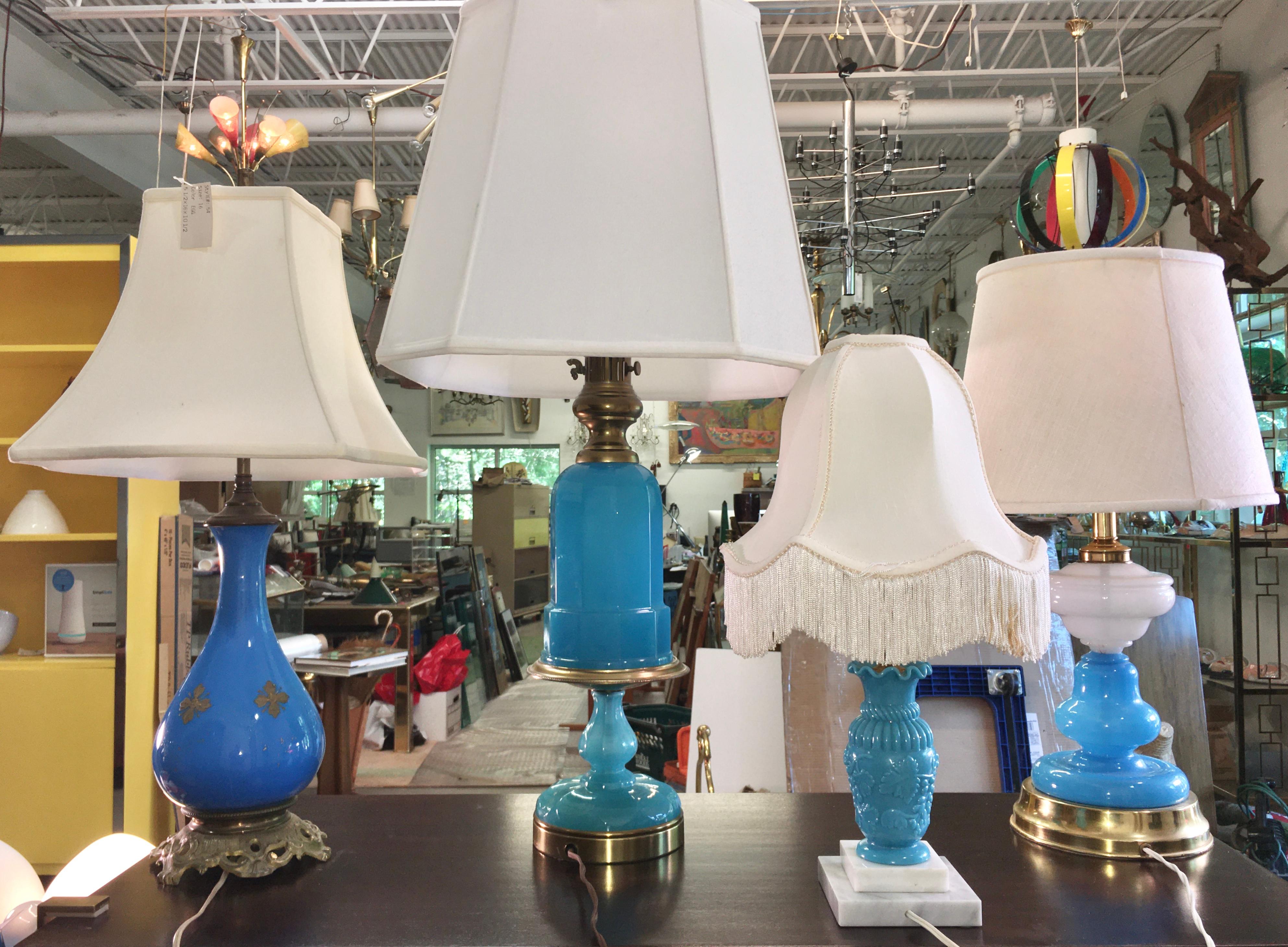 Collection of Blue Glass, Opaline & Ceramic Lamps For Sale 8