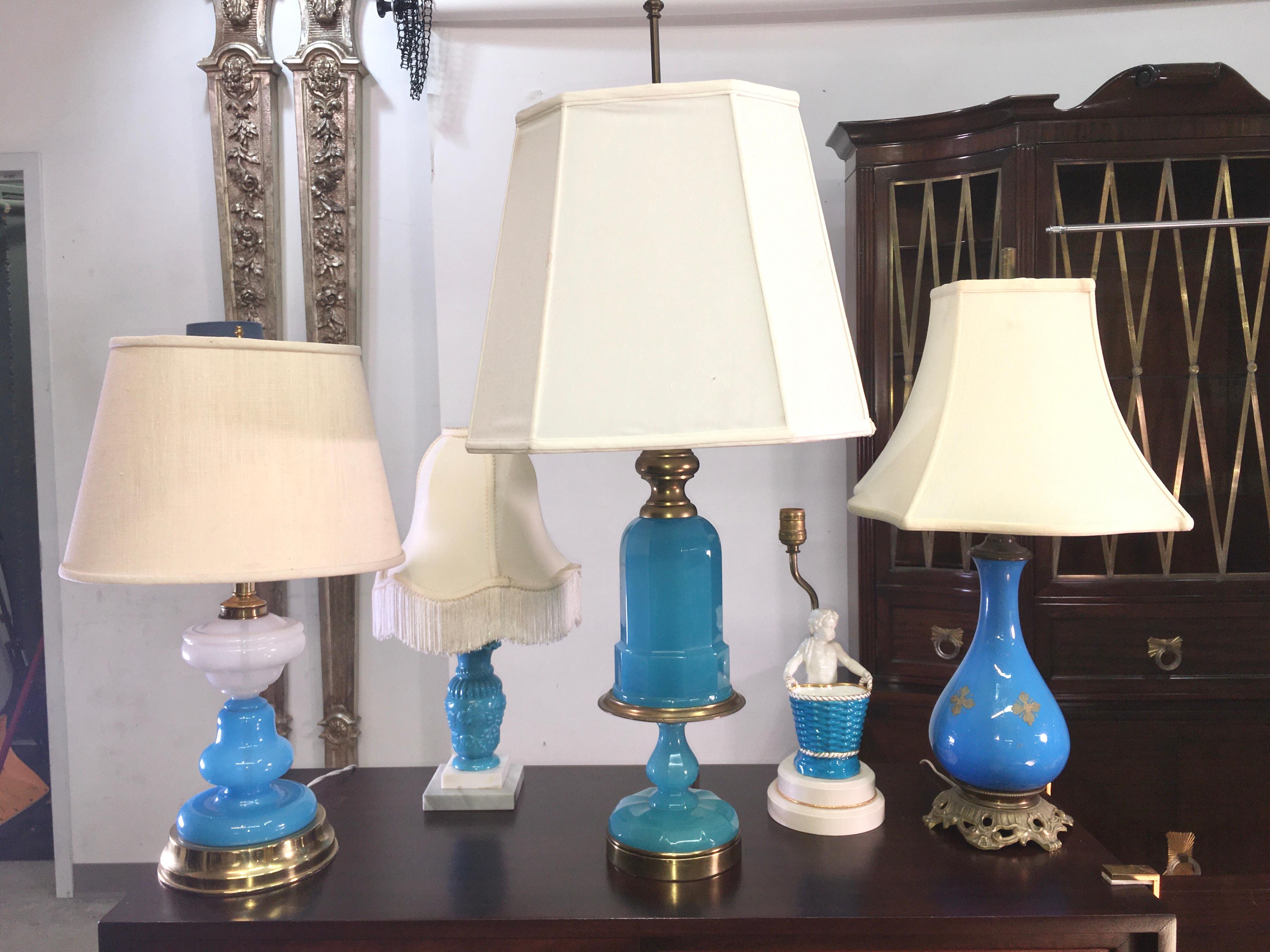 Collection of Blue Glass, Opaline & Ceramic Lamps For Sale 9
