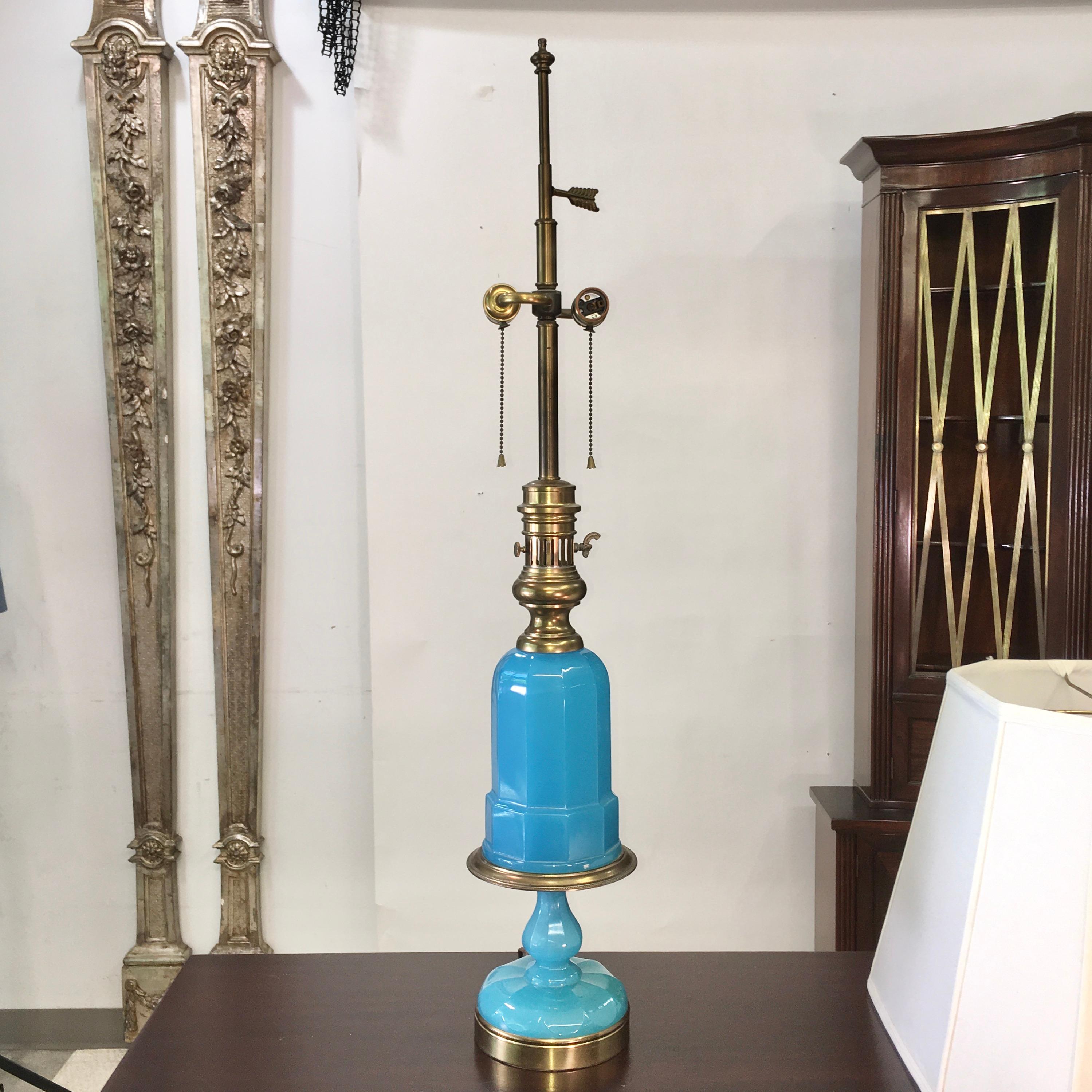 French Collection of Blue Glass, Opaline & Ceramic Lamps For Sale