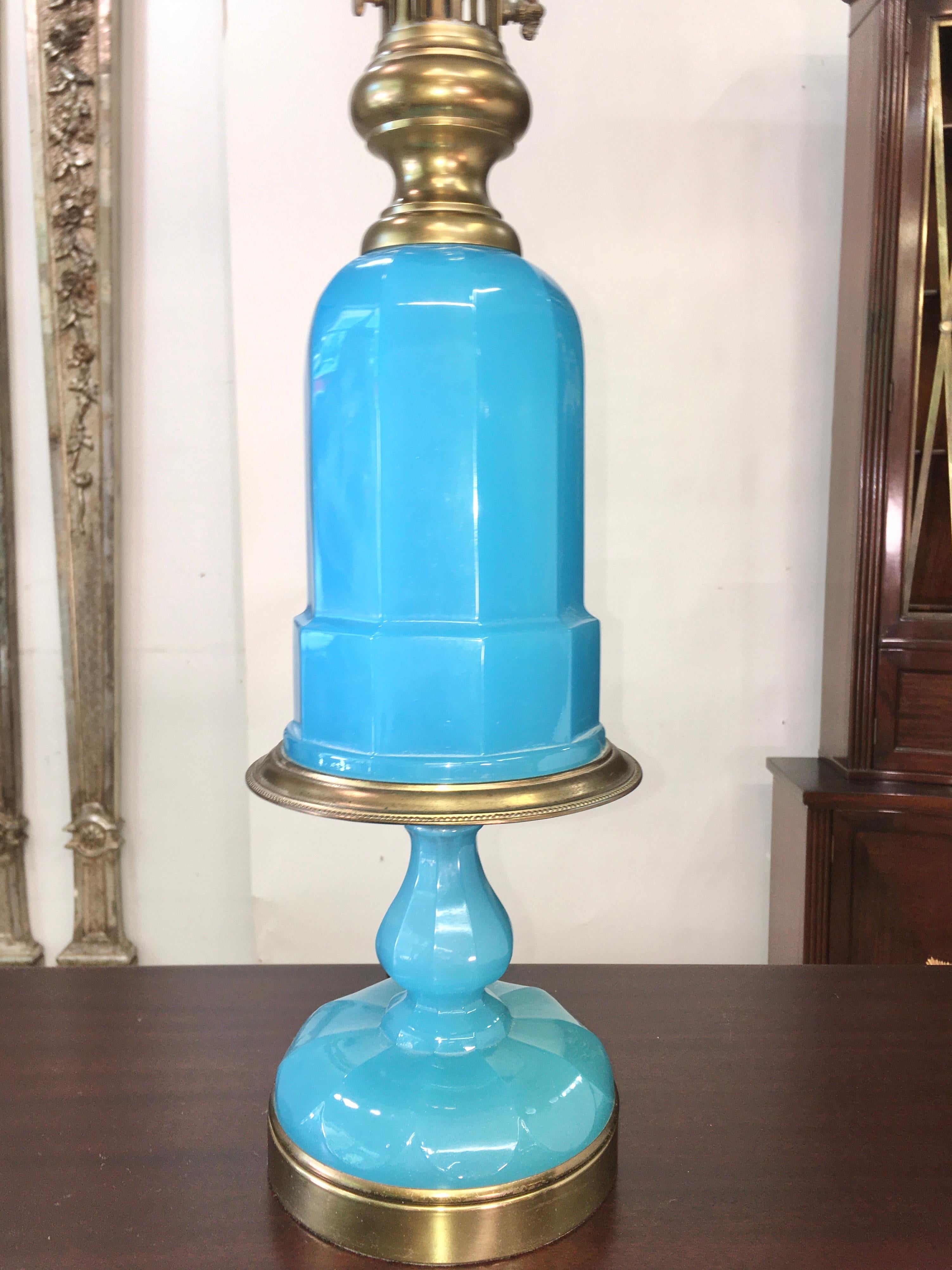 Gilt Collection of Blue Glass, Opaline & Ceramic Lamps For Sale