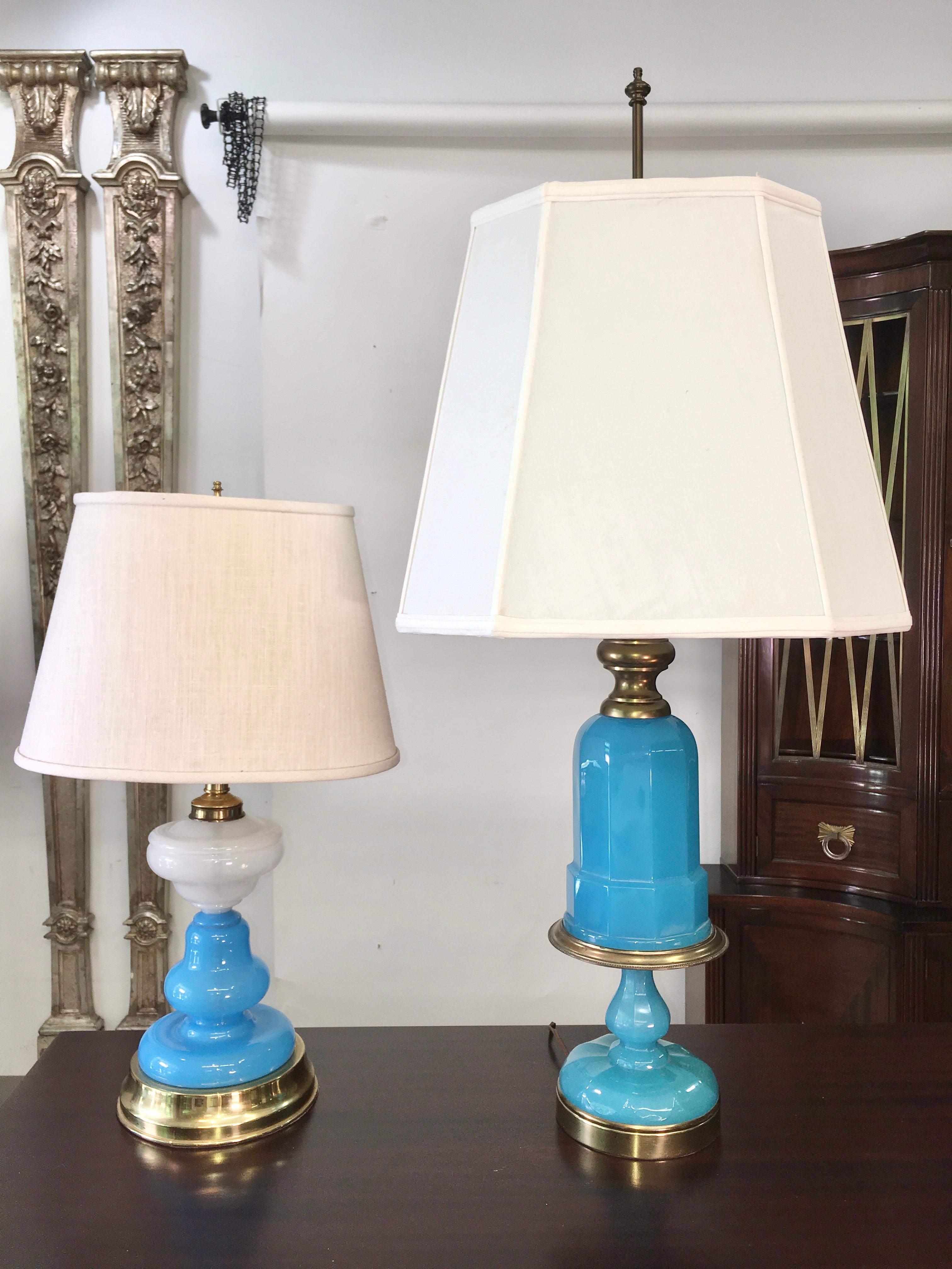 Collection of Blue Glass, Opaline & Ceramic Lamps In Good Condition For Sale In Hanover, MA