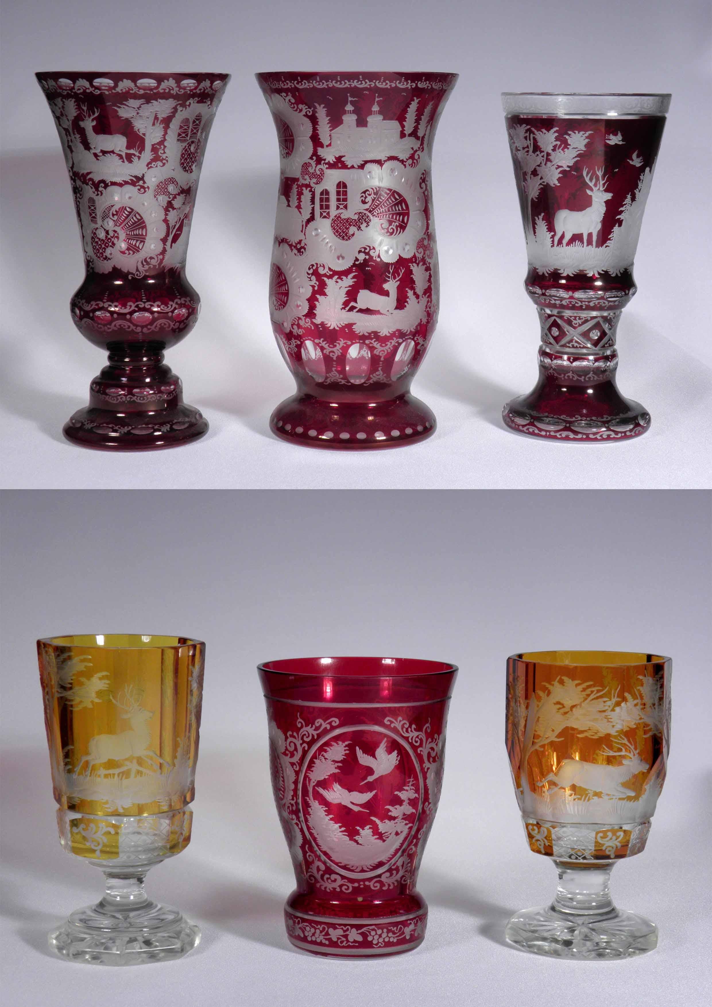 It is a collection of 32 pieces of hand-engraved cut and painted glass from the period of 19-20 centuries , These are engravings of hunting motifs, which were very populár, Most likely it is Bohemian glass, all pieces are in very good condition and
