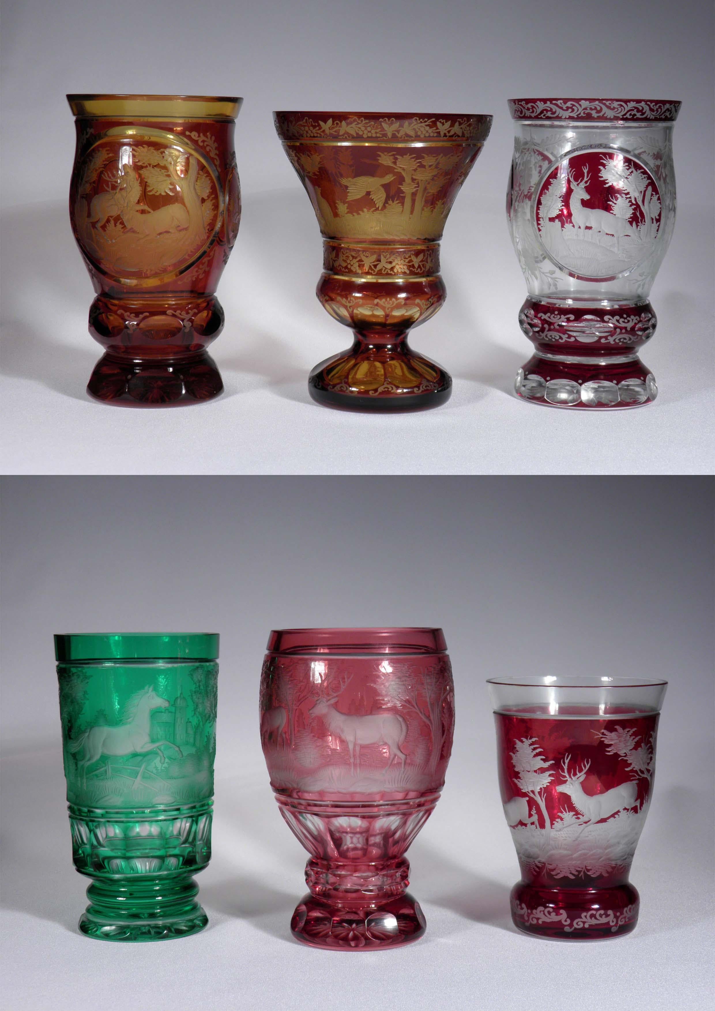Engraved Collection of Bohemian European Vintage Glass 19-20th century