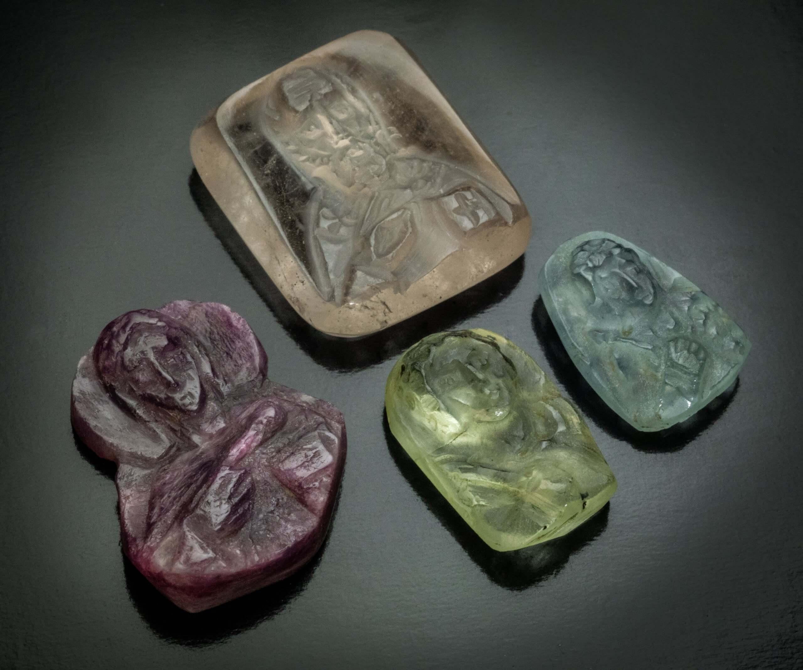 Byzantine Empire, circa 900 – 1100 AD.  
The collection consists of four museum rarity carved gem cameos attributed to the following saints: 
 A 18.02 carat pink sapphire cameo (22 x 18 mm) carved with Saint Panteleimon the Healer. The saint holds a
