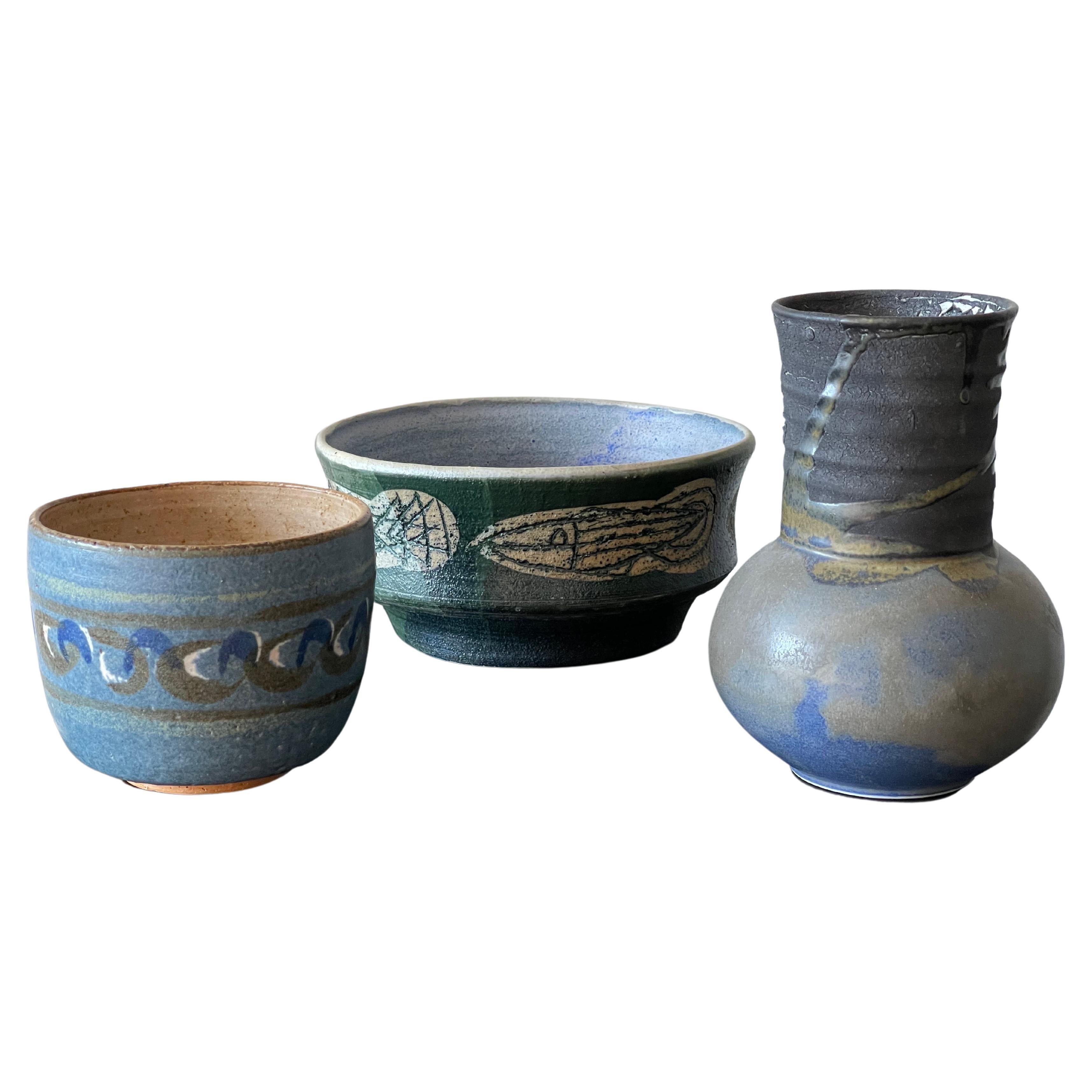 Collection of Ceramic Vessels Vase and Bowls Listed Artists For Sale