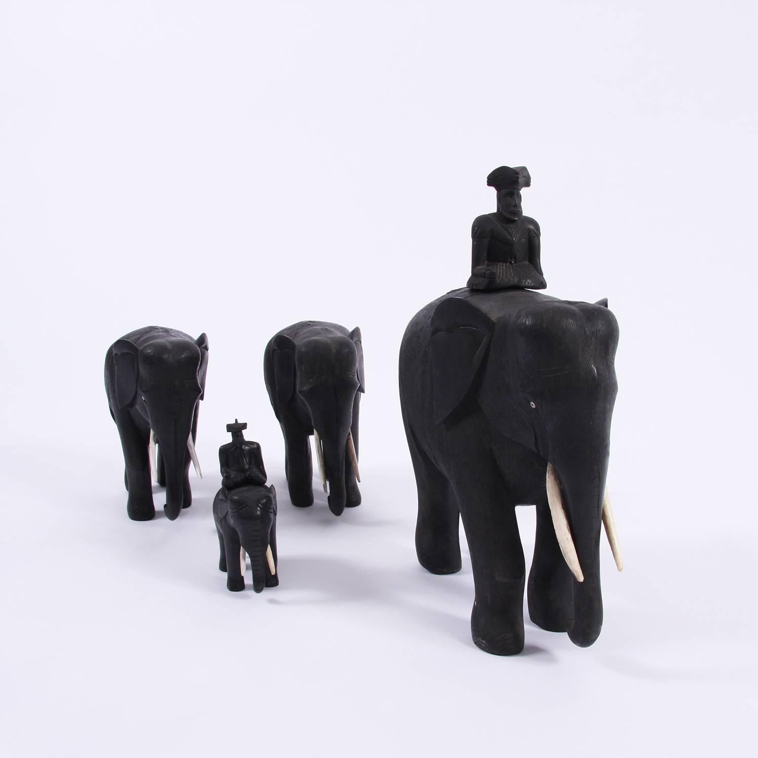 Ceylonese, 20th century

A collection of ebony elephants in various sizes, two with riders. 

(Dimensions are for the largest elephant in the collection).