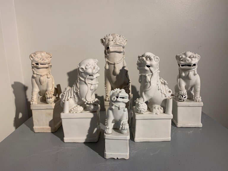 An absolutely wonderful assembled group of Chinese Blanc de Chine white glazed porcelain Buddhistic lion (foo lion, foo dog) joss stick holders, Qing Dynasty, late 17th - late 19th centuries, China.

This assembled pack of foo dogs are wonderfully