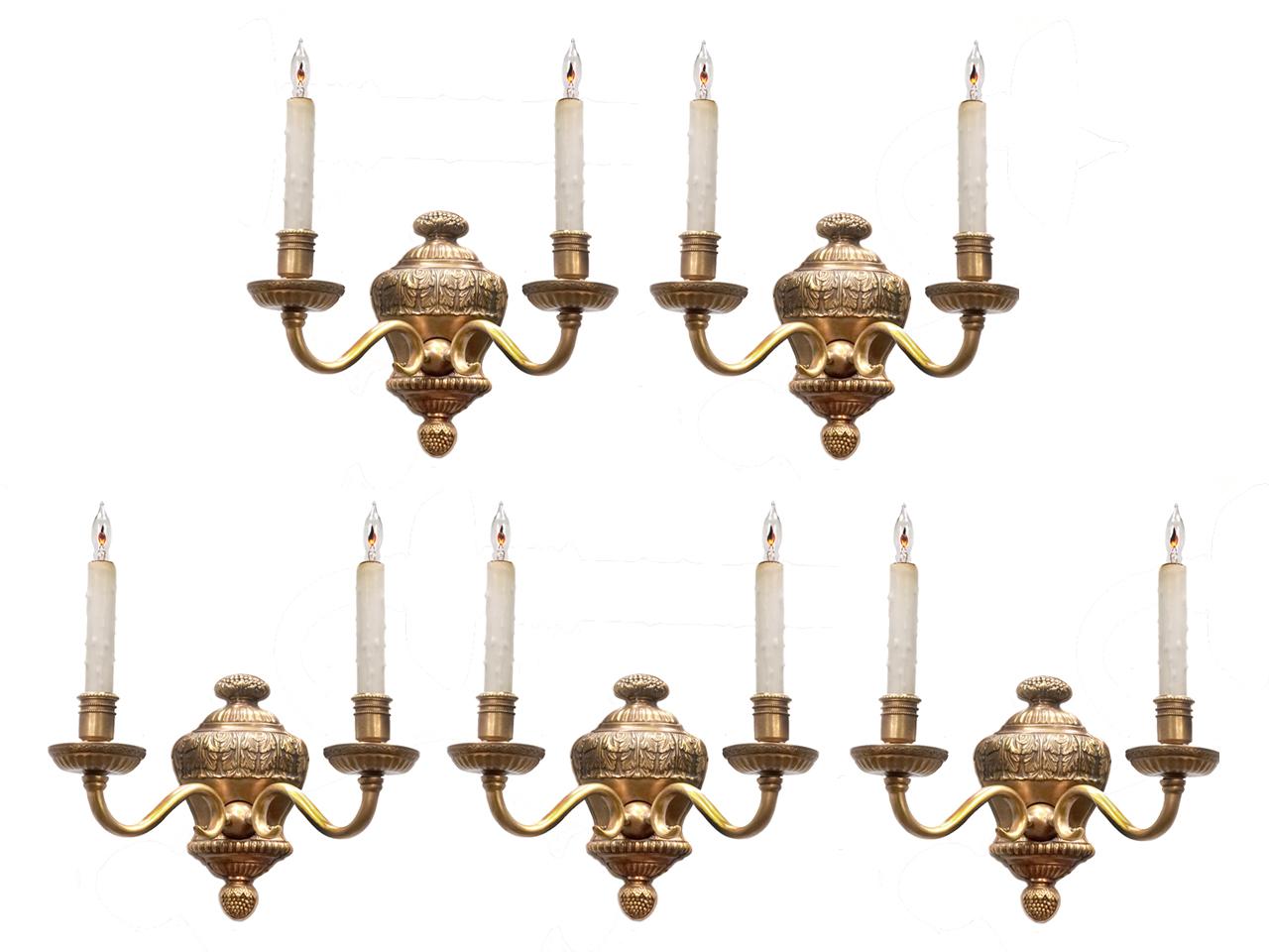 We have a small collection of there classic bronze double candle sconces. They are priced per fixture. These are heavy cast that are well made and have a rich look.