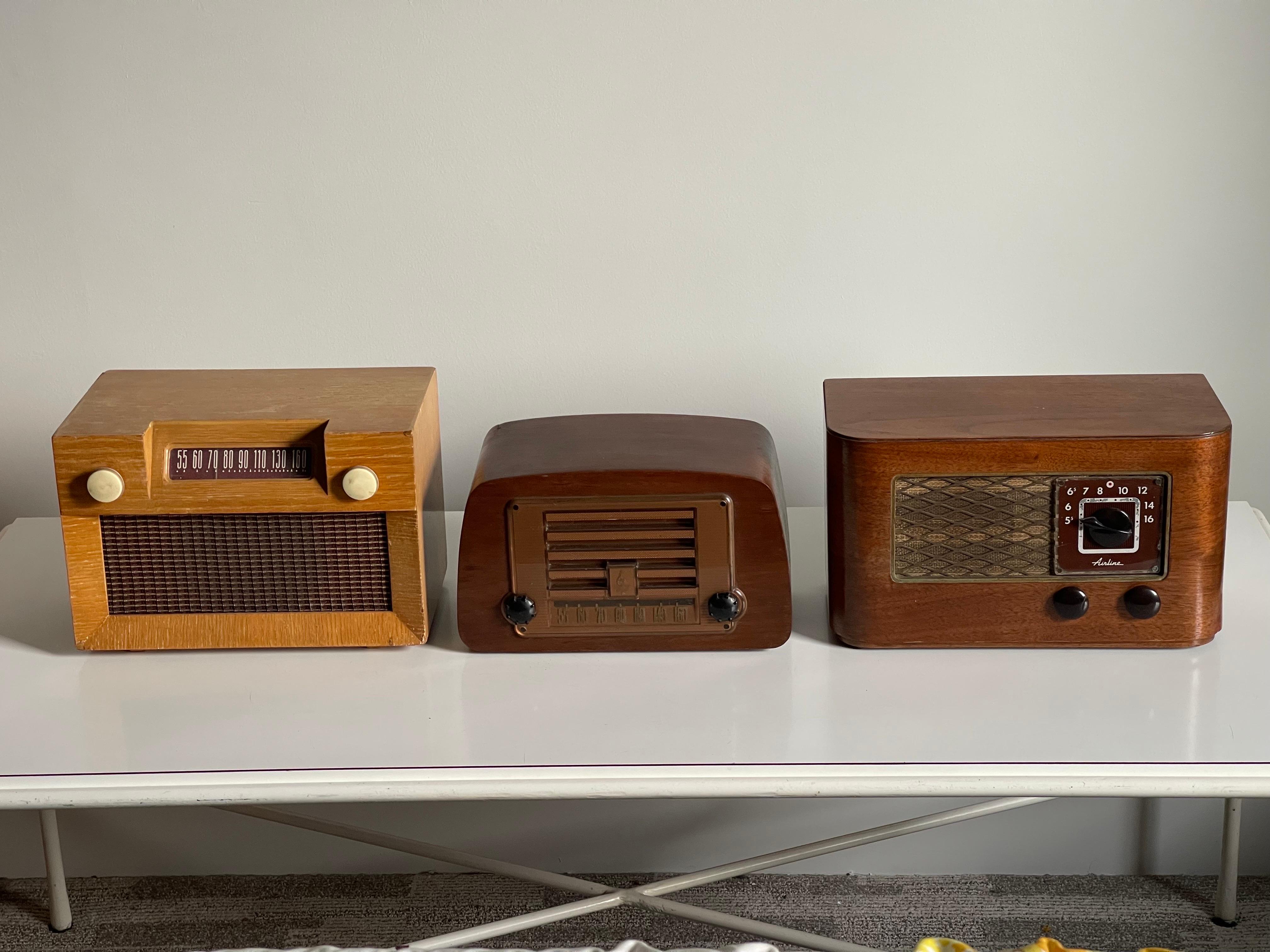 Cool collection of designer mid century Tube Radio pieces, by Charles Eames, etc. Each piece has been restored. They tune to AM stations. Lovely touches to a space looking for a small, yet powerful, statement. 
RCA, Westinghouse, etc. 
Willing to